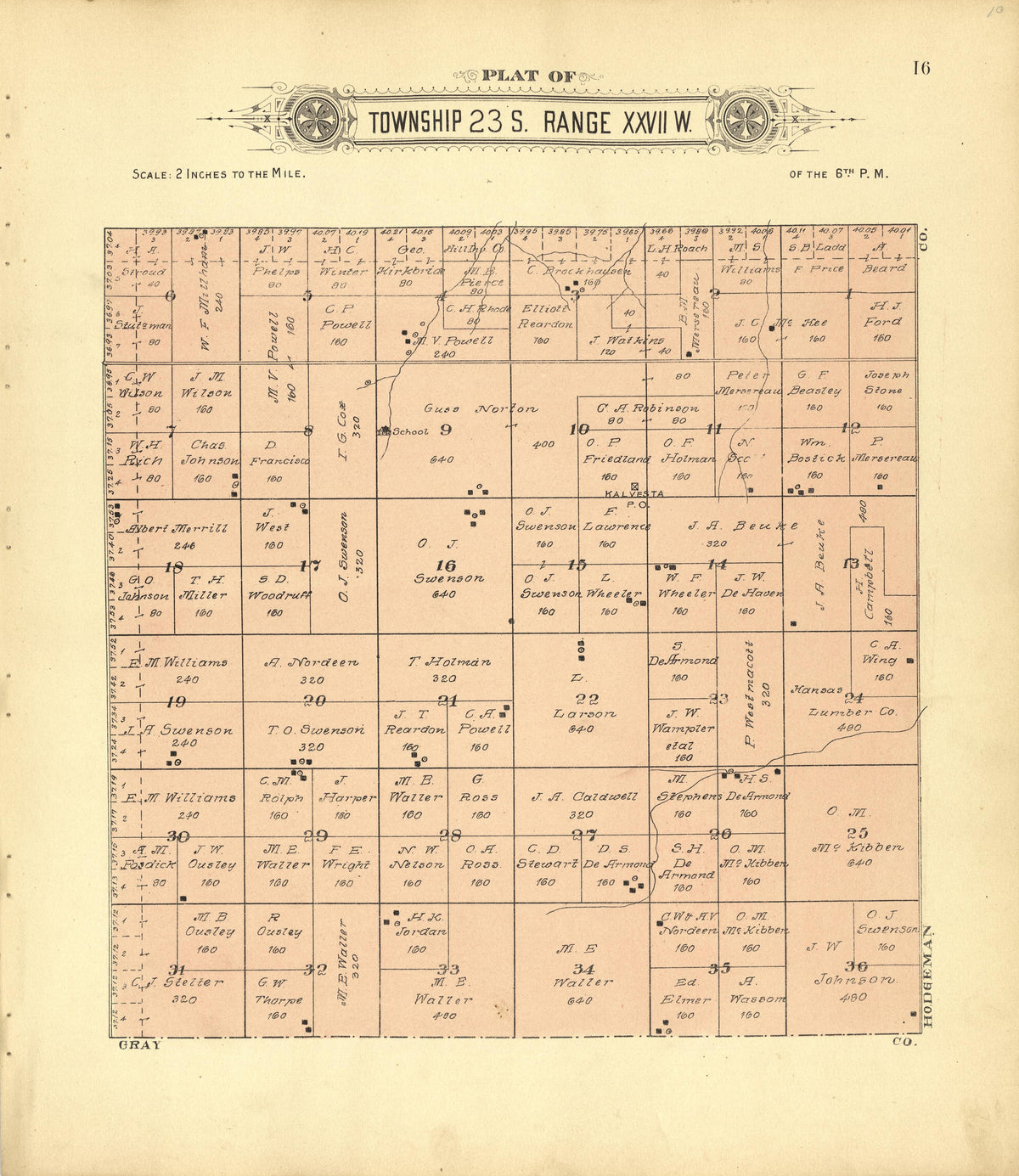 Plat of Township 23 S. Range XXVII W. from Plat Book of Finney County, Kansas : Containing Maps of Villages, Cities and Townships of the County, and of the State, United States and World : Also Portraits of Representative Citizens, Old … 1911 by Relic Map Company