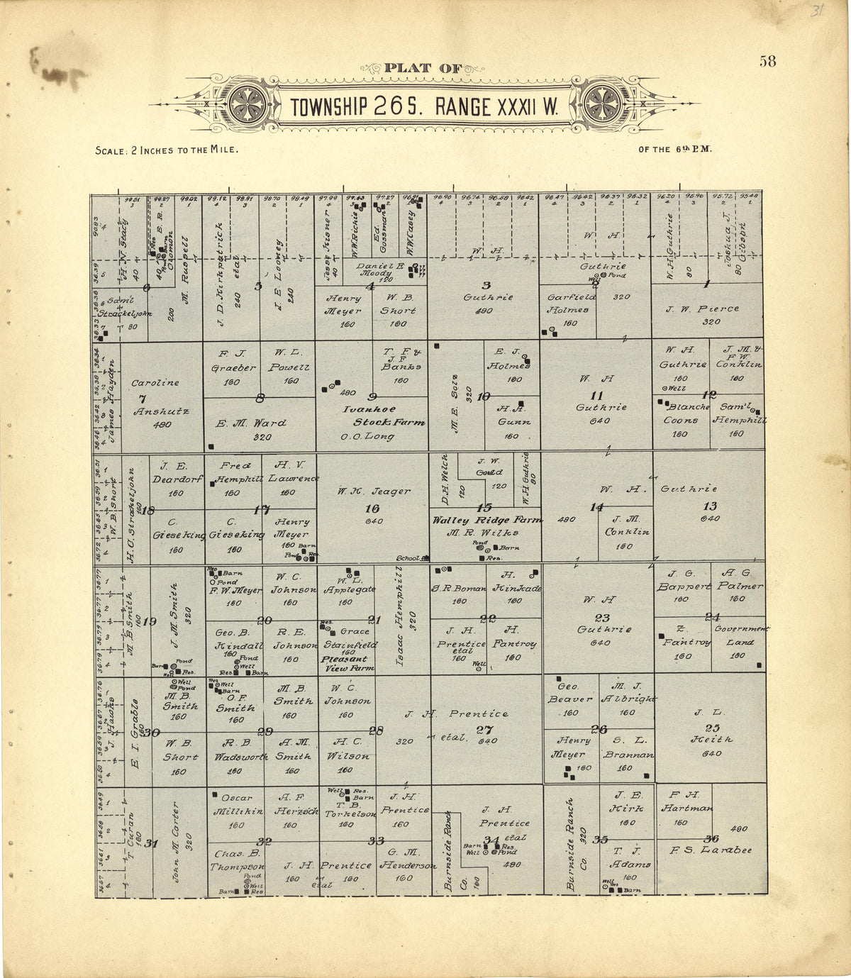 Plat of Township 26 S. Range XXXII W. from Plat Book of Finney County, Kansas : Containing Maps of Villages, Cities and Townships of the County, and of the State, United States and World : Also Portraits of Representative Citizens, Old … 1911 by Relic Map Company