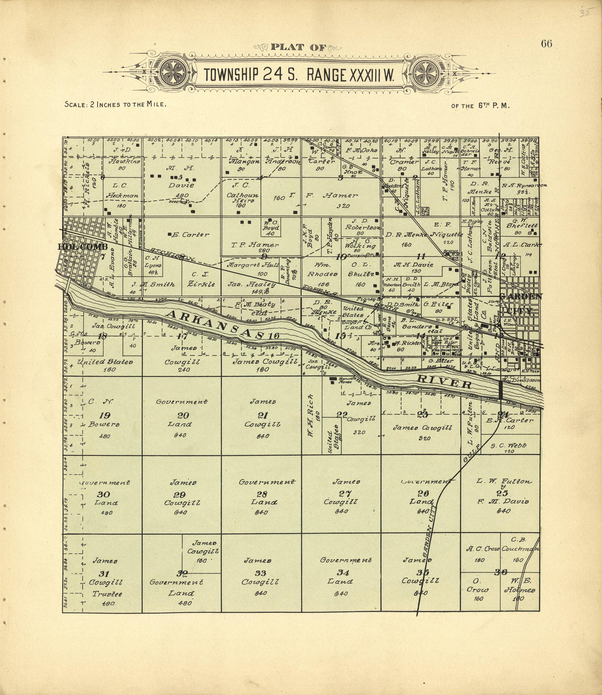 Plat of Township 24 S. Range XXXIII W. from Plat Book of Finney County, Kansas : Containing Maps of Villages, Cities and Townships of the County, and of the State, United States and World : Also Portraits of Representative Citizens, Old … 1911 by Relic Map Company