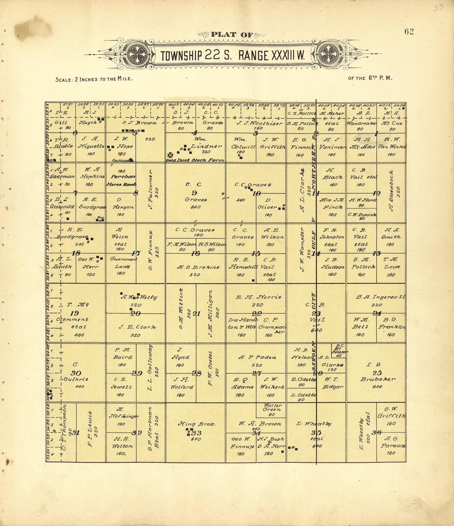 Plat of Township 22 S. Range XXXIII W. from Plat Book of Finney County, Kansas : Containing Maps of Villages, Cities and Townships of the County, and of the State, United States and World : Also Portraits of Representative Citizens, Old … 1911 by Relic Map Company