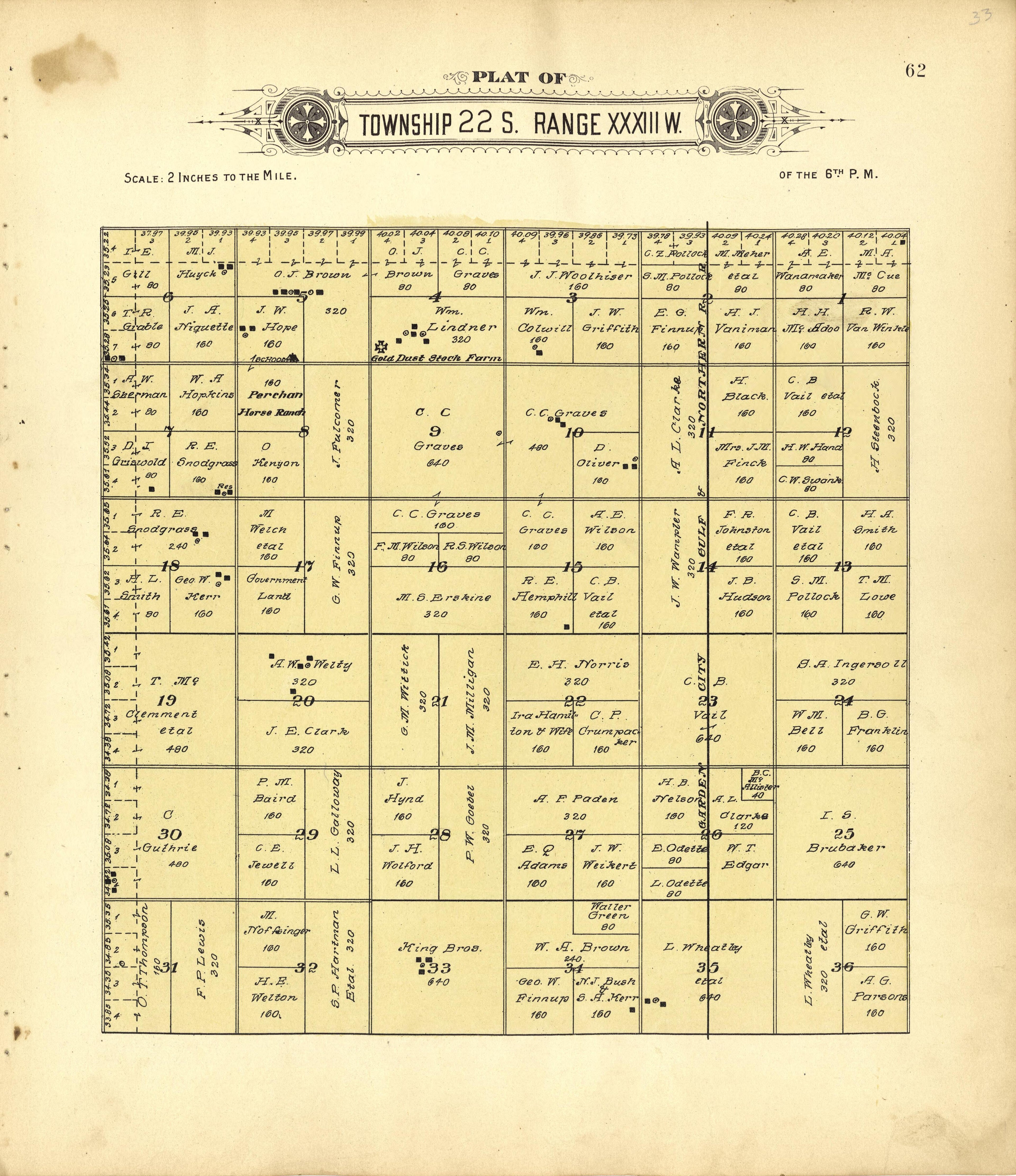 Plat of Township 22 S. Range XXXIII W. from Plat Book of Finney County, Kansas : Containing Maps of Villages, Cities and Townships of the County, and of the State, United States and World : Also Portraits of Representative Citizens, Old … 1911 by Relic Map Company