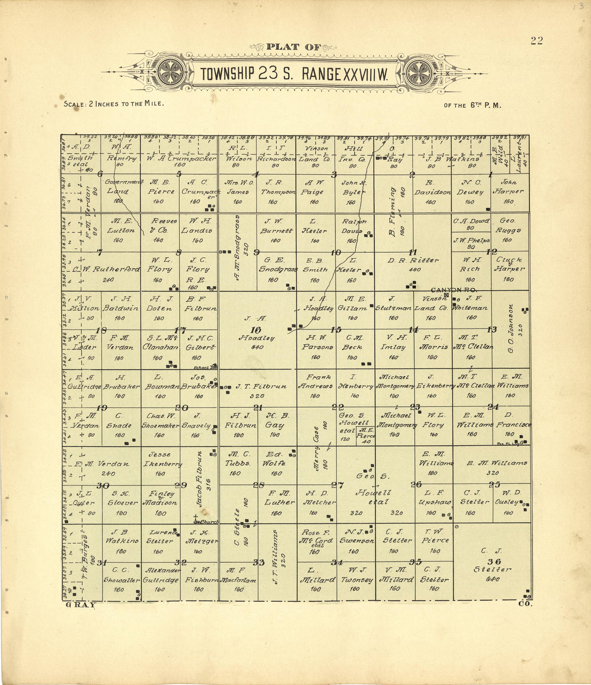 Plat of Township 23 S. Range XXVIII W. from Plat Book of Finney County, Kansas : Containing Maps of Villages, Cities and Townships of the County, and of the State, United States and World : Also Portraits of Representative Citizens, Old … 1911 by Relic Map Company