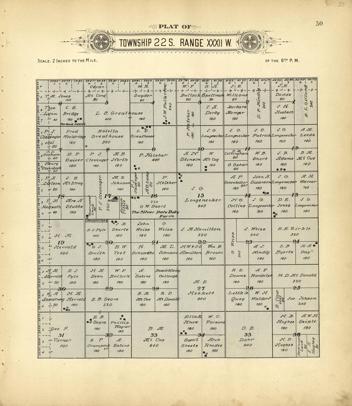 Plat of Township 22 S. Range XXXII W. from Plat Book of Finney County, Kansas : Containing Maps of Villages, Cities and Townships of the County, and of the State, United States and World : Also Portraits of Representative Citizens, Old … 1911 by Relic Map Company