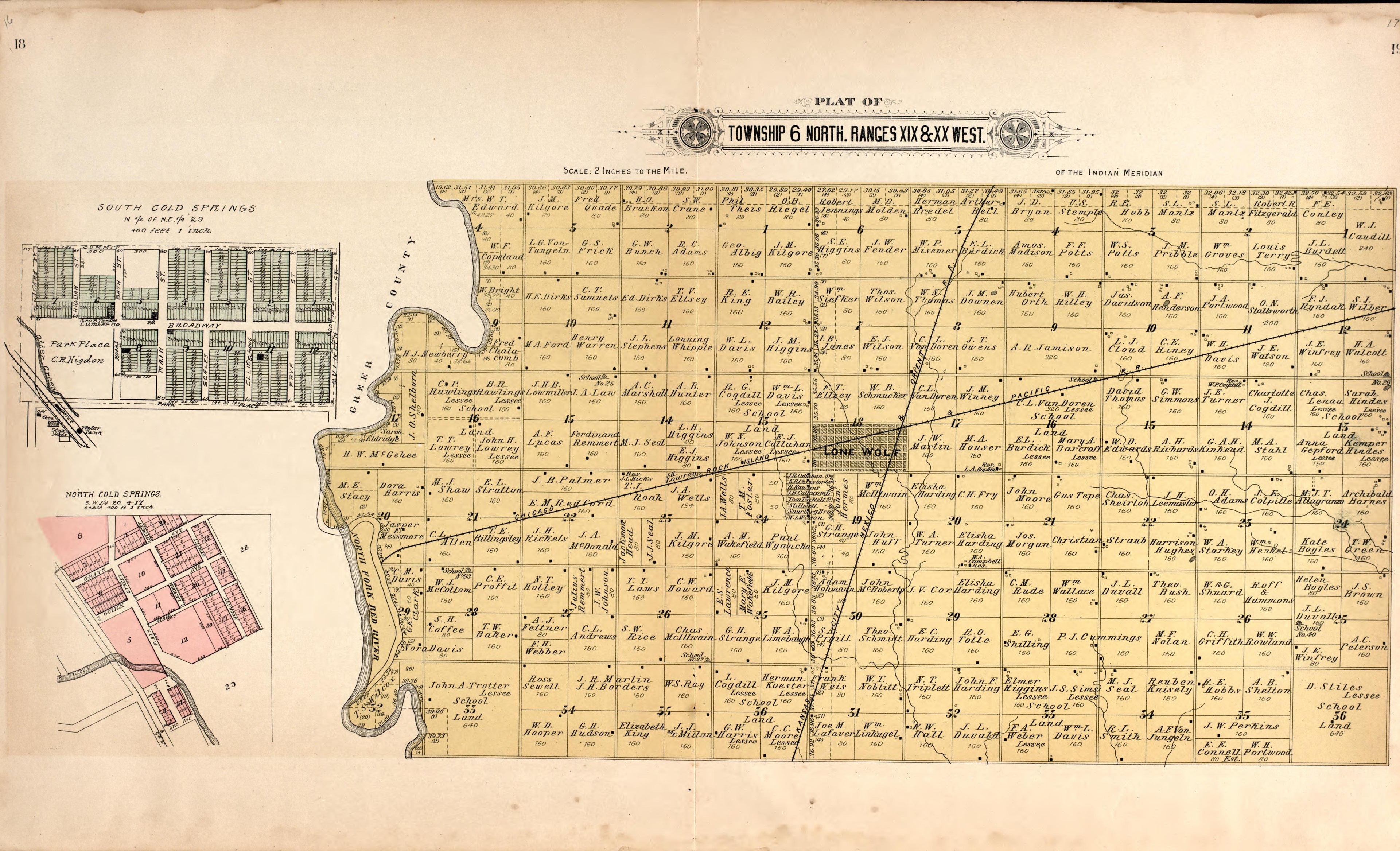 Township 6 North Range XIX and XX West from Plat Book of Kiowa County, Oklahoma : Containing Maps of Villages, Cities and Townships of the County and of the State, United States and World : Also Portraits of Representative Citizens, Old … 1913 by Relic Map Company