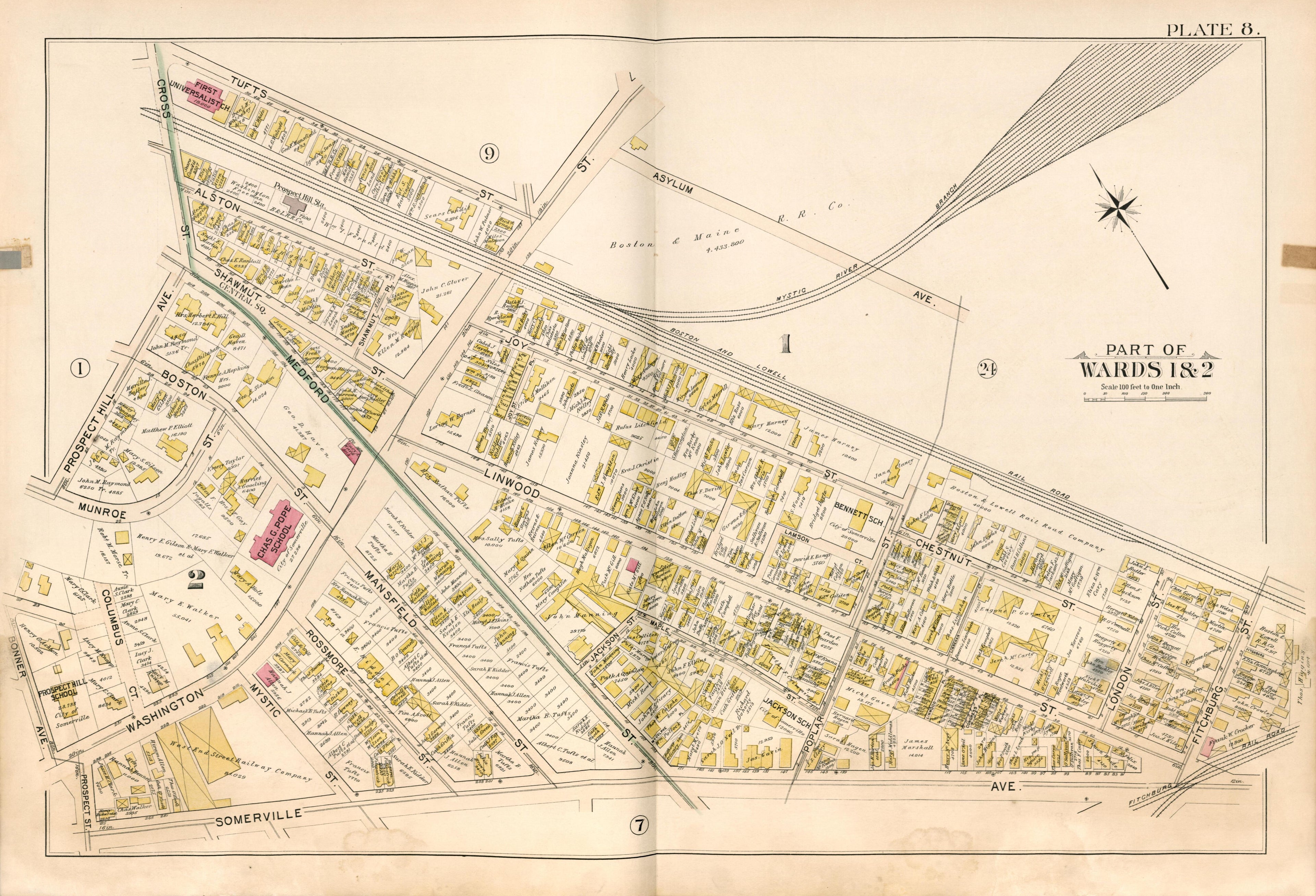 Part of Wards 1 &amp; 2 - Plate 8 from Atlas of the City of Somerville, Massachusetts : from Actual Surveys and Official Plans 1895 by Relic Map Company