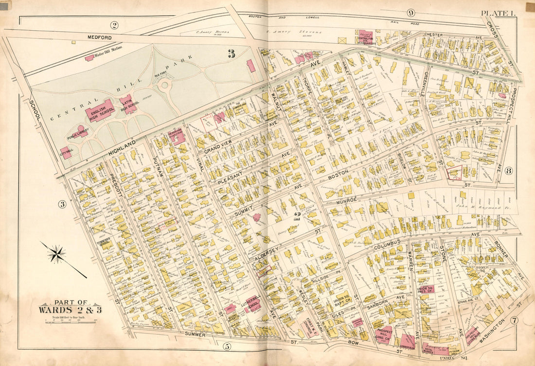 Part of Wards 2 &amp; 3 - Plate 1 from Atlas of the City of Somerville, Massachusetts : from Actual Surveys and Official Plans 1895 by Relic Map Company