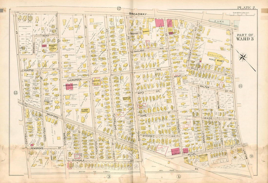 Part of Ward 3 - Plate 2 from Atlas of the City of Somerville, Massachusetts : from Actual Surveys and Official Plans 1895 by Relic Map Company