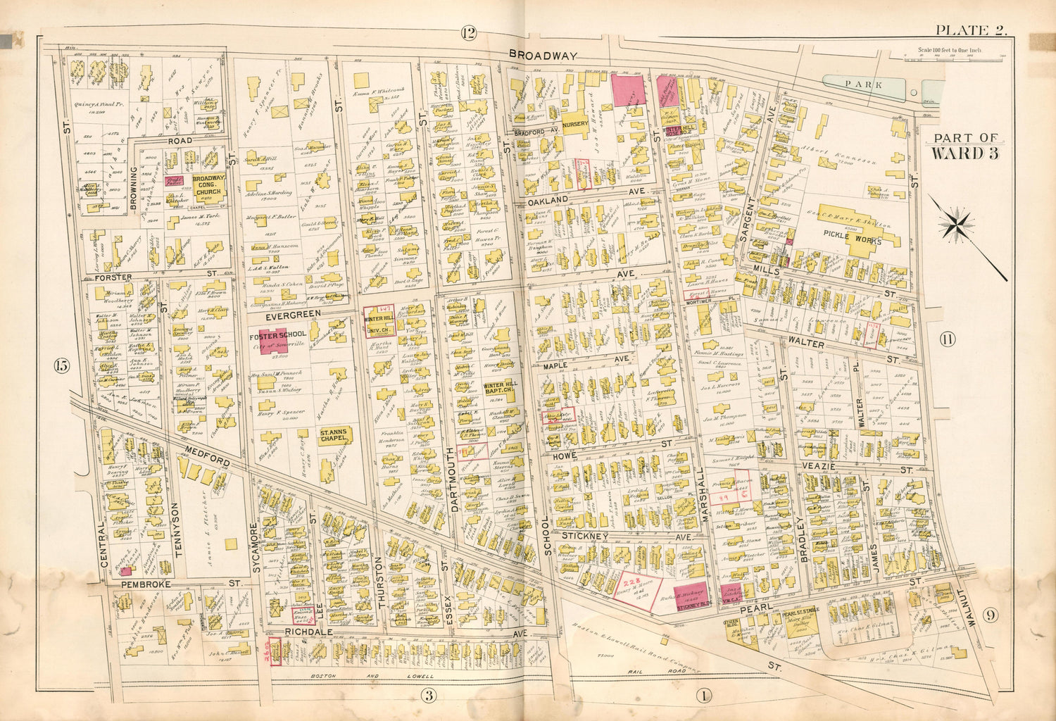 Part of Ward 3 - Plate 2 from Atlas of the City of Somerville, Massachusetts : from Actual Surveys and Official Plans 1895 by Relic Map Company