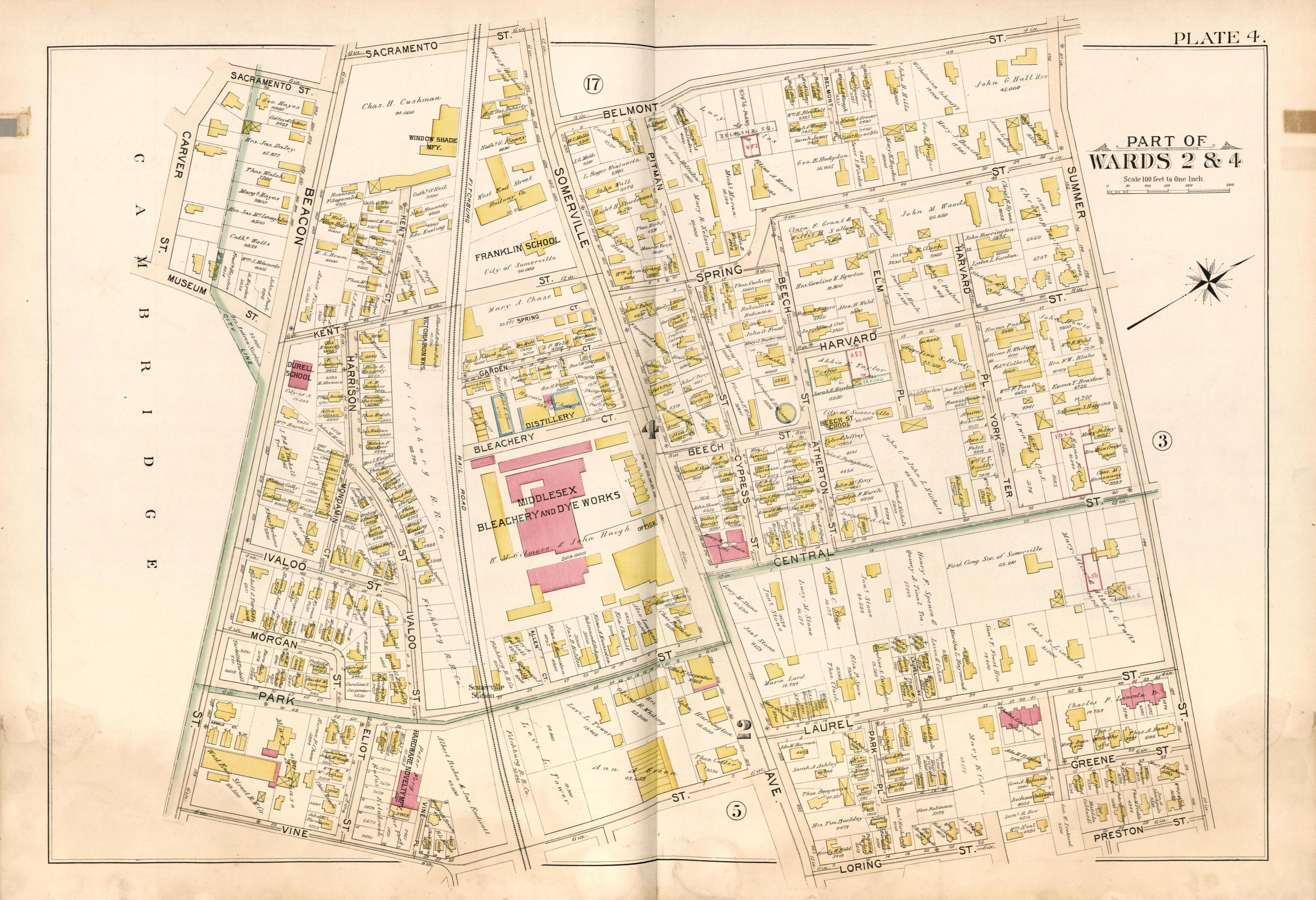 Part of Wards 2 &amp; 4 - Plate 4 from Atlas of the City of Somerville, Massachusetts : from Actual Surveys and Official Plans 1895 by Relic Map Company