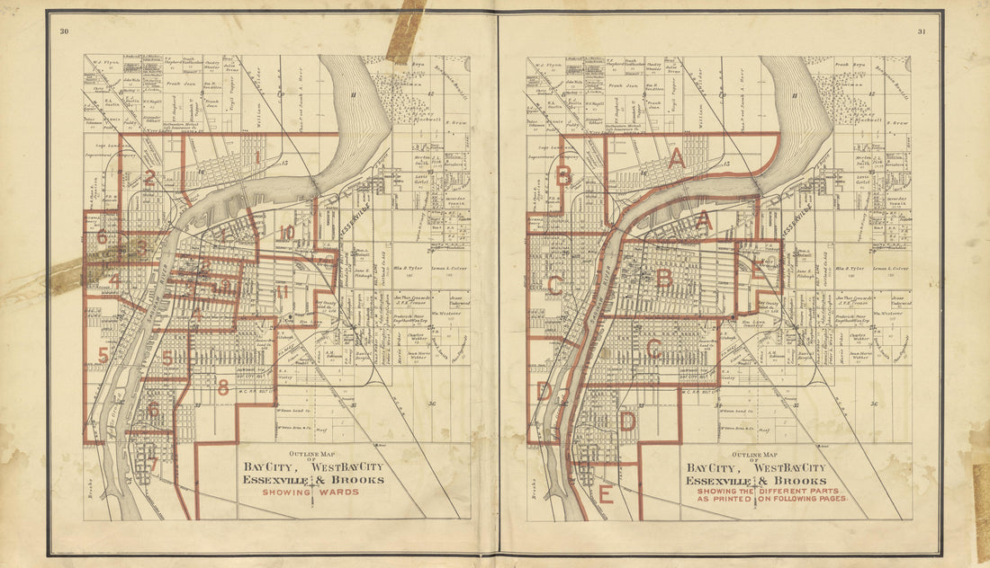 Outline Map of Bay City, West Bay City, Essexville and Brooks from the County of Bay, Michigan : Maps, History, Illustrations and Statistics 1896 by Relic Map Company