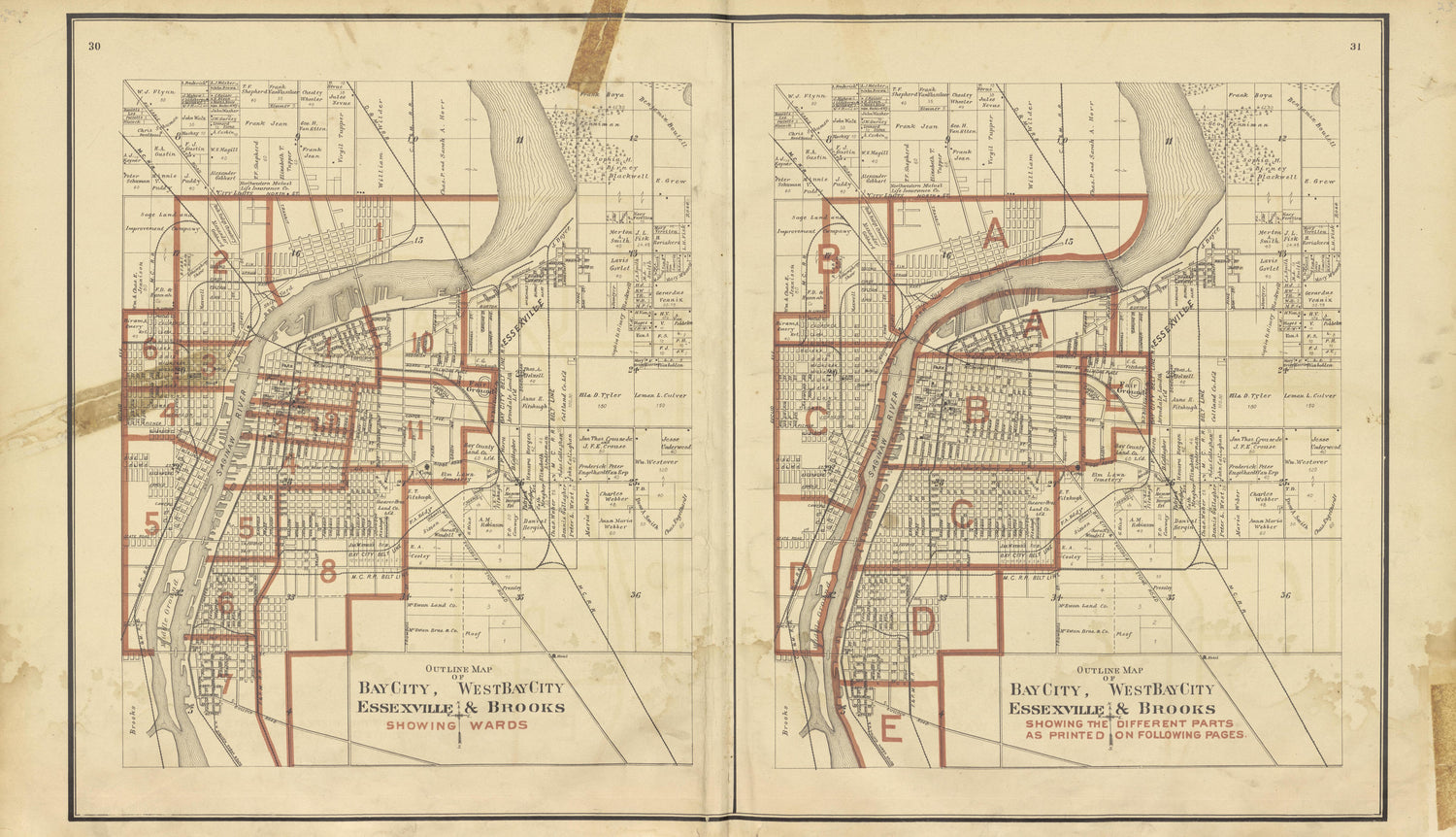 Outline Map of Bay City, West Bay City, Essexville and Brooks from the County of Bay, Michigan : Maps, History, Illustrations and Statistics 1896 by Relic Map Company
