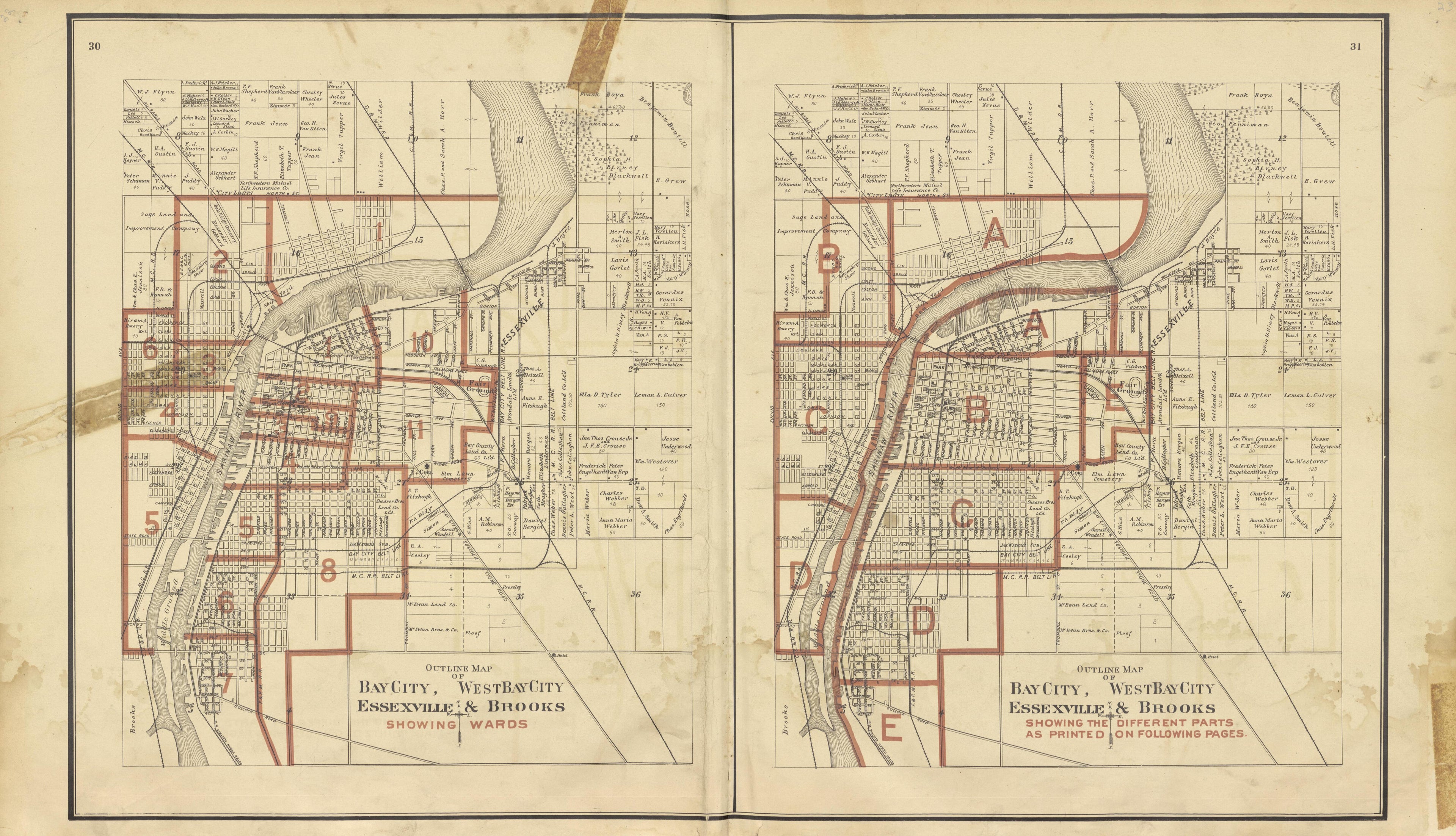 Outline Map of Bay City, West Bay City, Essexville and Brooks from the County of Bay, Michigan : Maps, History, Illustrations and Statistics 1896 by Relic Map Company