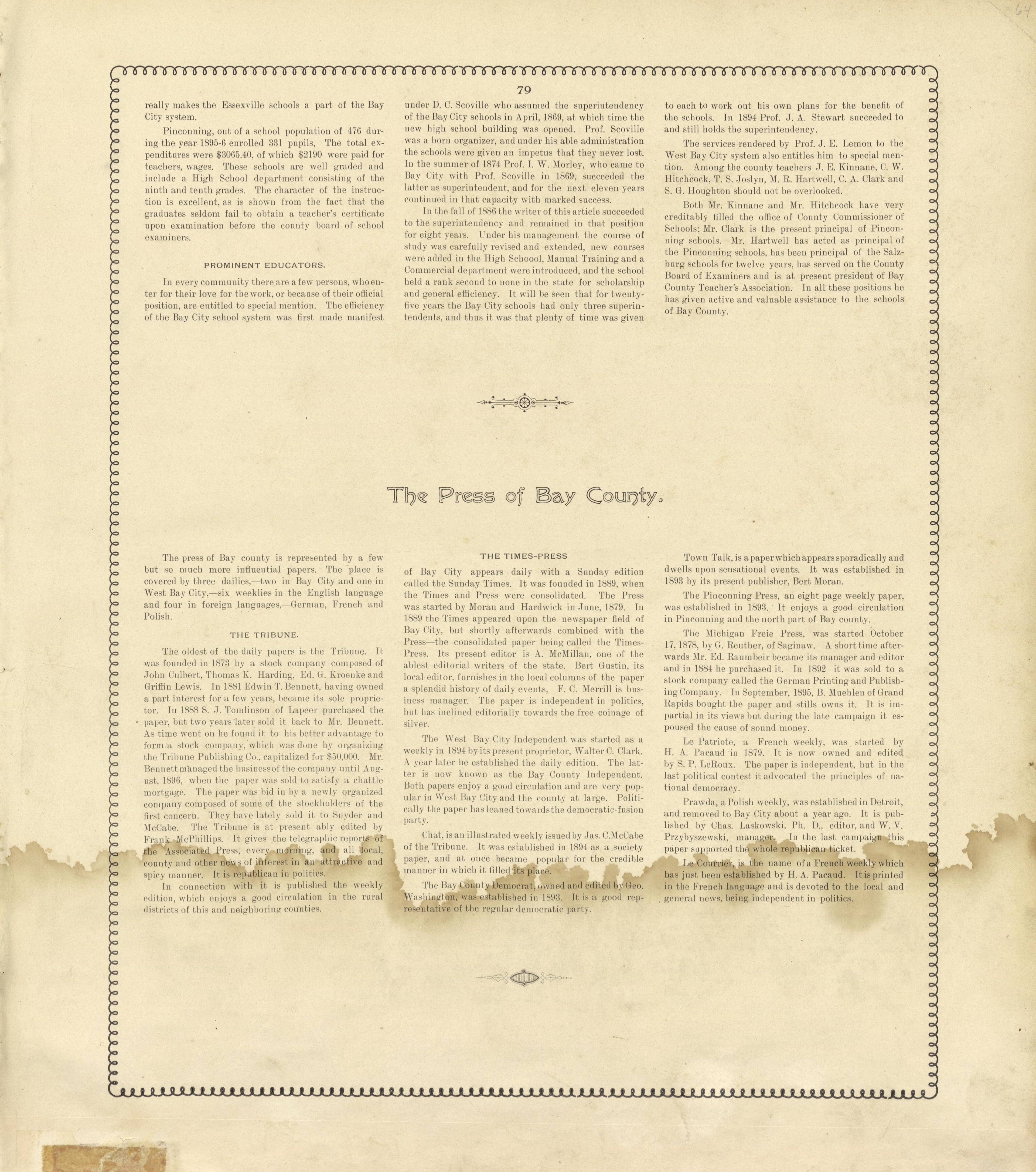 The School System - Continued, the Press of Bay County from the County of Bay, Michigan : Maps, History, Illustrations and Statistics 1896 by Relic Map Company