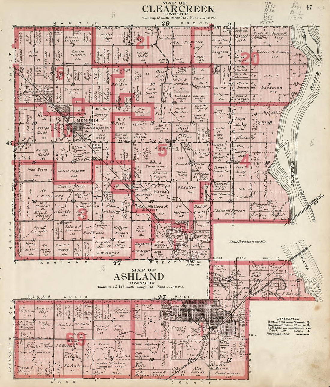 Map of Clear Creek Township; Map of Ashland Township from Atlas of Saunders County, Nebraska : Containing Maps of Townships of the County, Maps of State, United States and World, Farmers Directory, Analysis of the System of U.S. Land Surveys 1916 by Relic Map Company