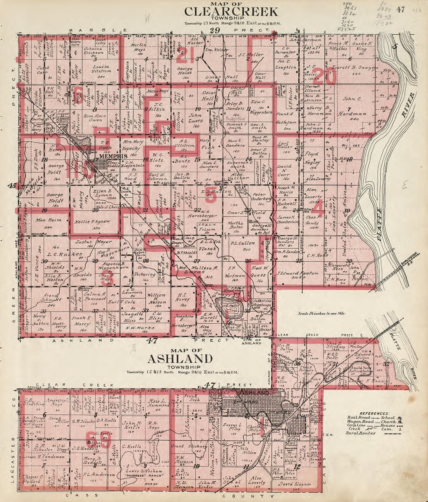 Map of Clear Creek Township; Map of Ashland Township from Atlas of Saunders County, Nebraska : Containing Maps of Townships of the County, Maps of State, United States and World, Farmers Directory, Analysis of the System of U.S. Land Surveys 1916 by Relic Map Company