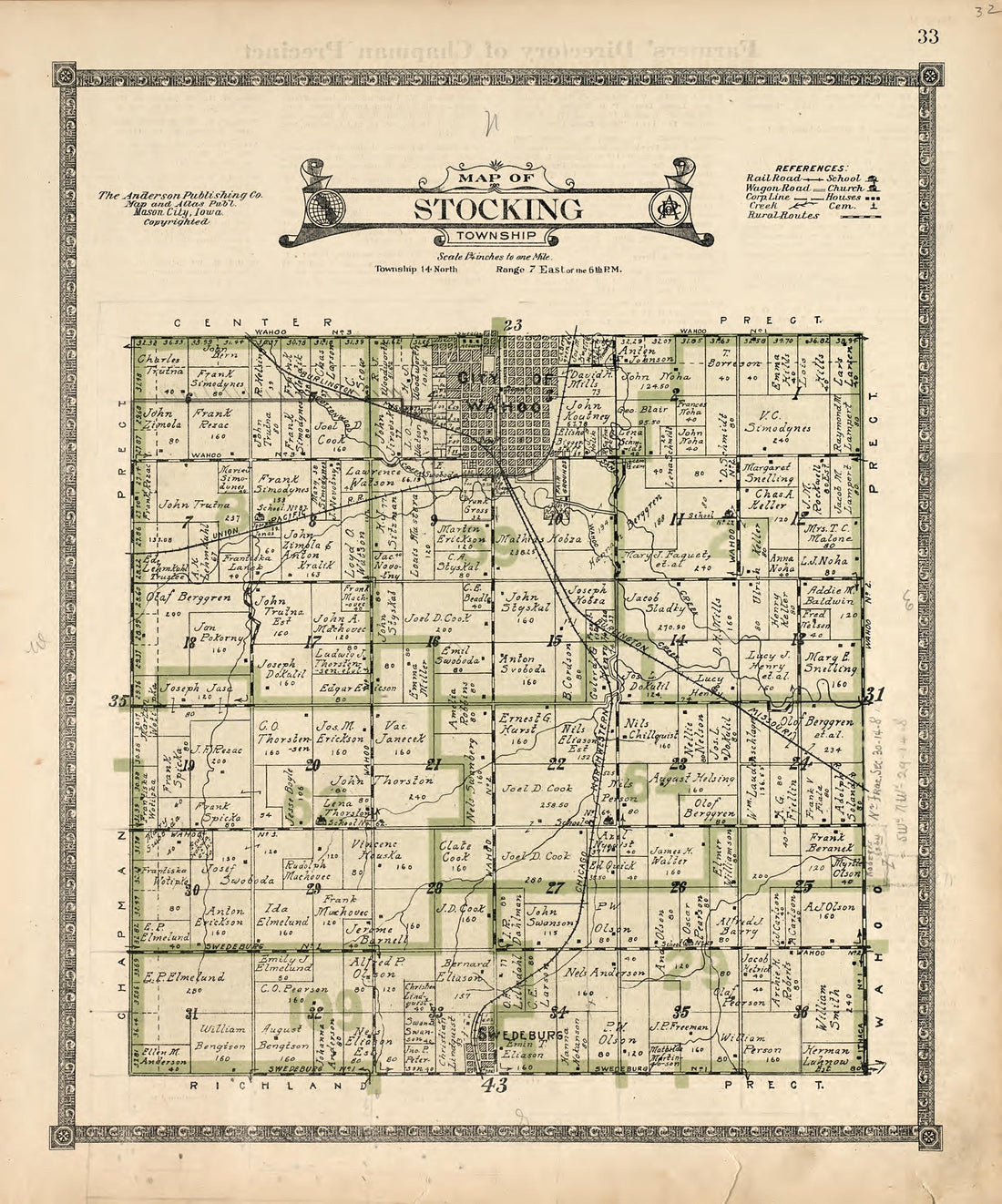 Map of Stocking Township from Atlas of Saunders County, Nebraska : Containing Maps of Townships of the County, Maps of State, United States and World, Farmers Directory, Analysis of the System of U.S. Land Surveys 1916 by Relic Map Company