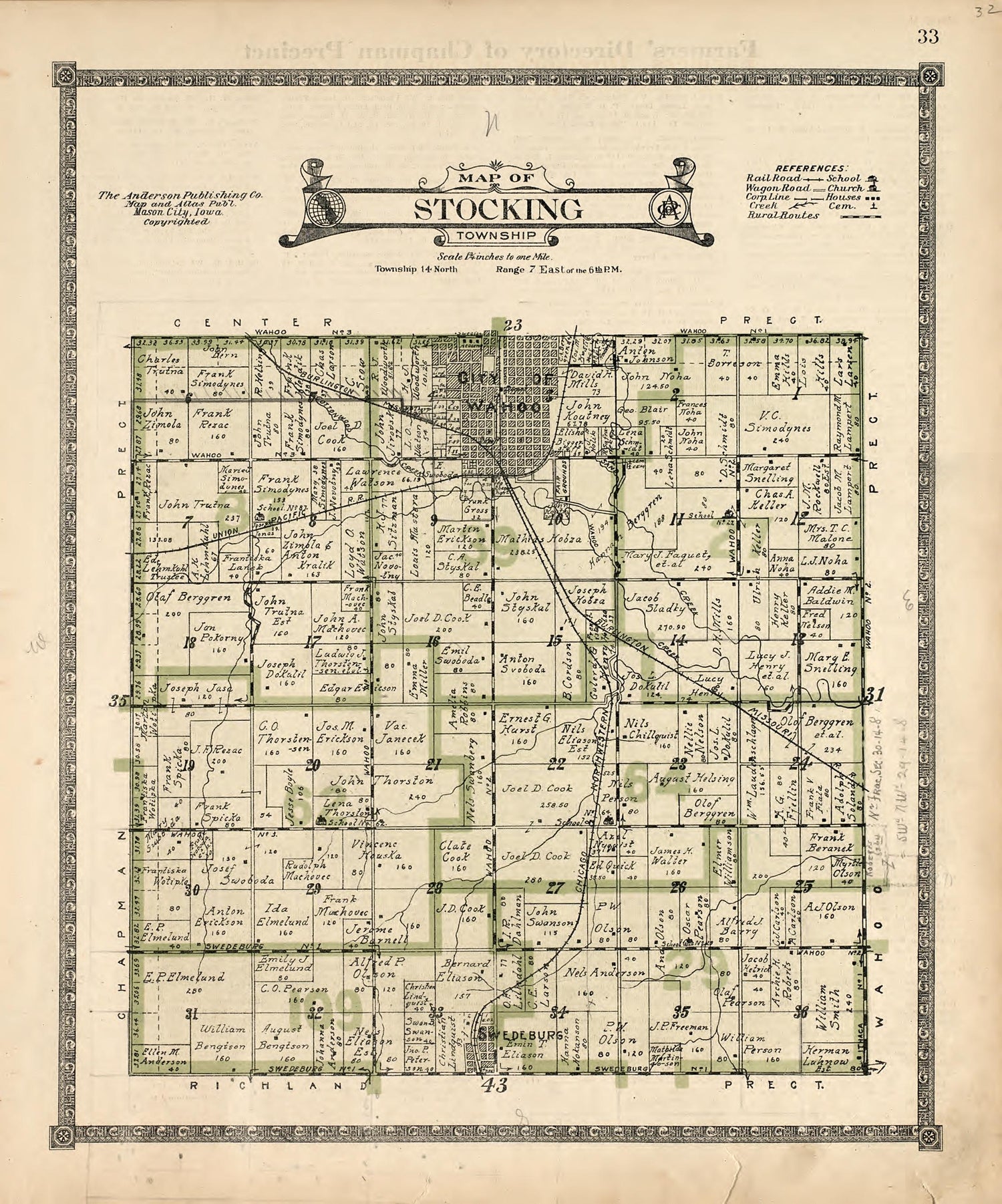 Map of Stocking Township from Atlas of Saunders County, Nebraska : Containing Maps of Townships of the County, Maps of State, United States and World, Farmers Directory, Analysis of the System of U.S. Land Surveys 1916 by Relic Map Company