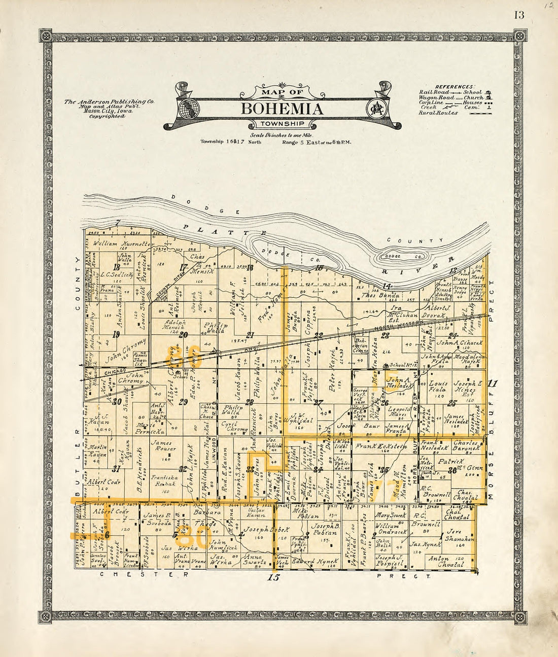Map of Bohemia Township from Atlas of Saunders County, Nebraska : Containing Maps of Townships of the County, Maps of State, United States and World, Farmers Directory, Analysis of the System of U.S. Land Surveys 1916 by Relic Map Company