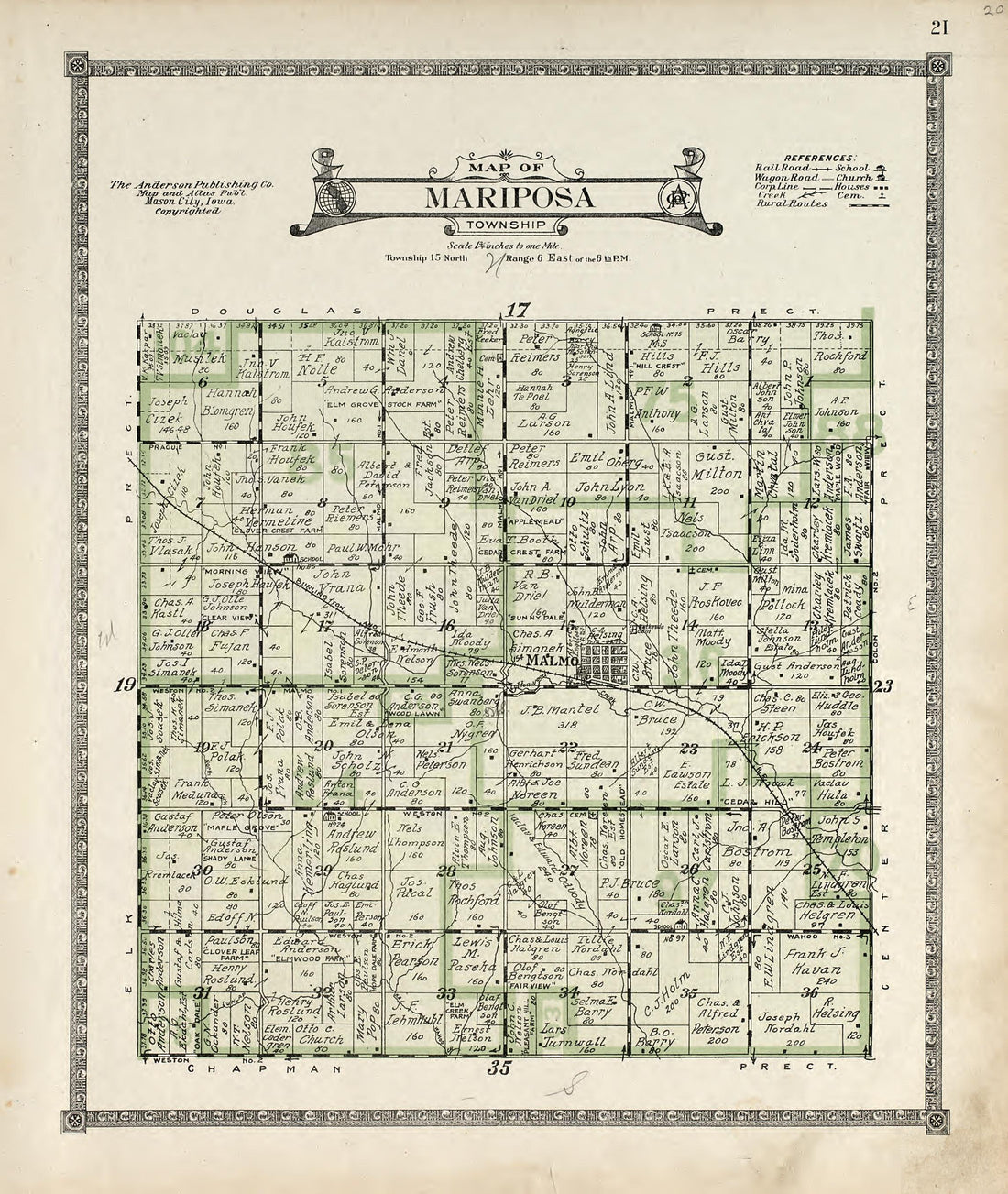 Map of Mariposa Township from Atlas of Saunders County, Nebraska : Containing Maps of Townships of the County, Maps of State, United States and World, Farmers Directory, Analysis of the System of U.S. Land Surveys 1916 by Relic Map Company
