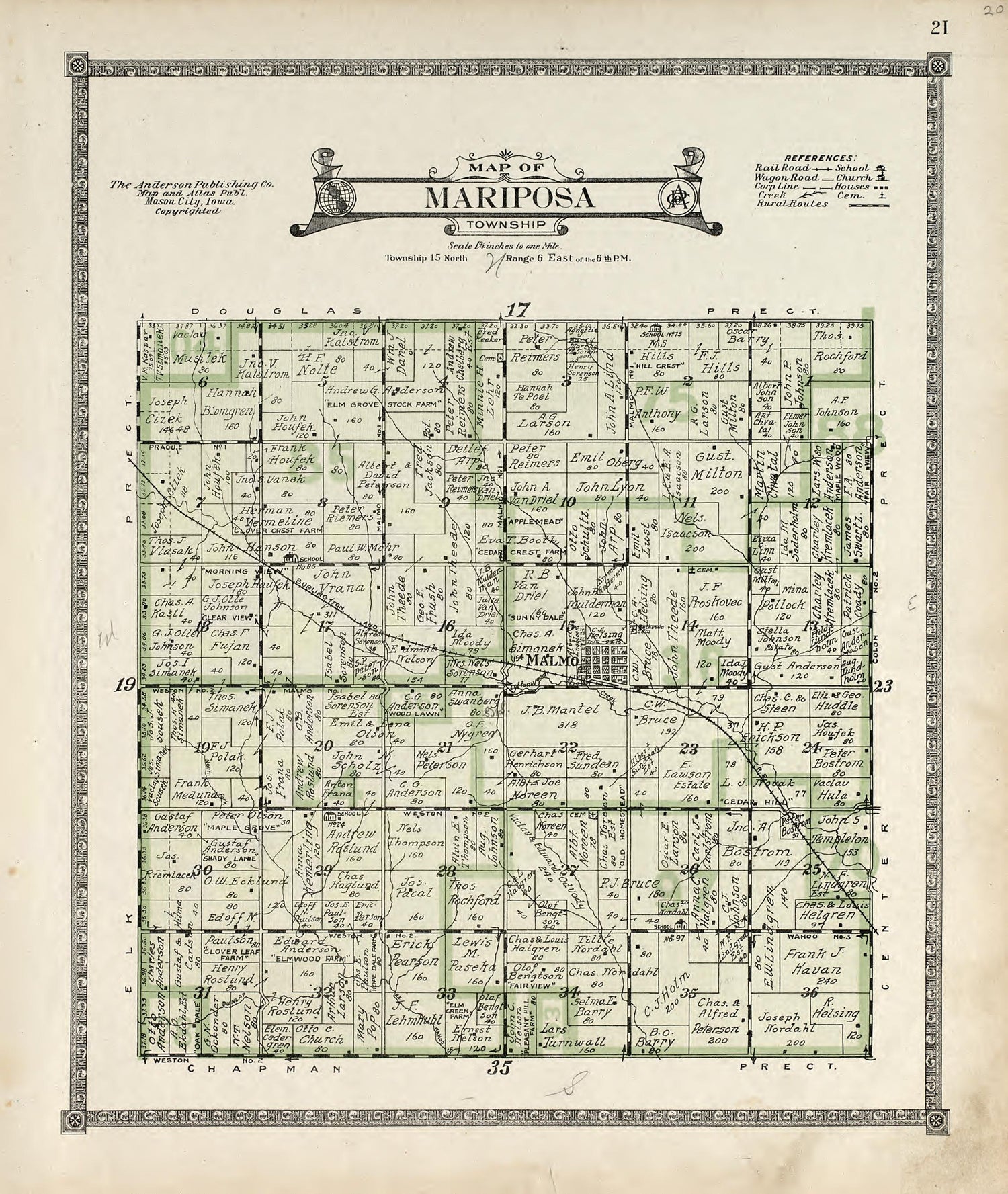 Map of Mariposa Township from Atlas of Saunders County, Nebraska : Containing Maps of Townships of the County, Maps of State, United States and World, Farmers Directory, Analysis of the System of U.S. Land Surveys 1916 by Relic Map Company