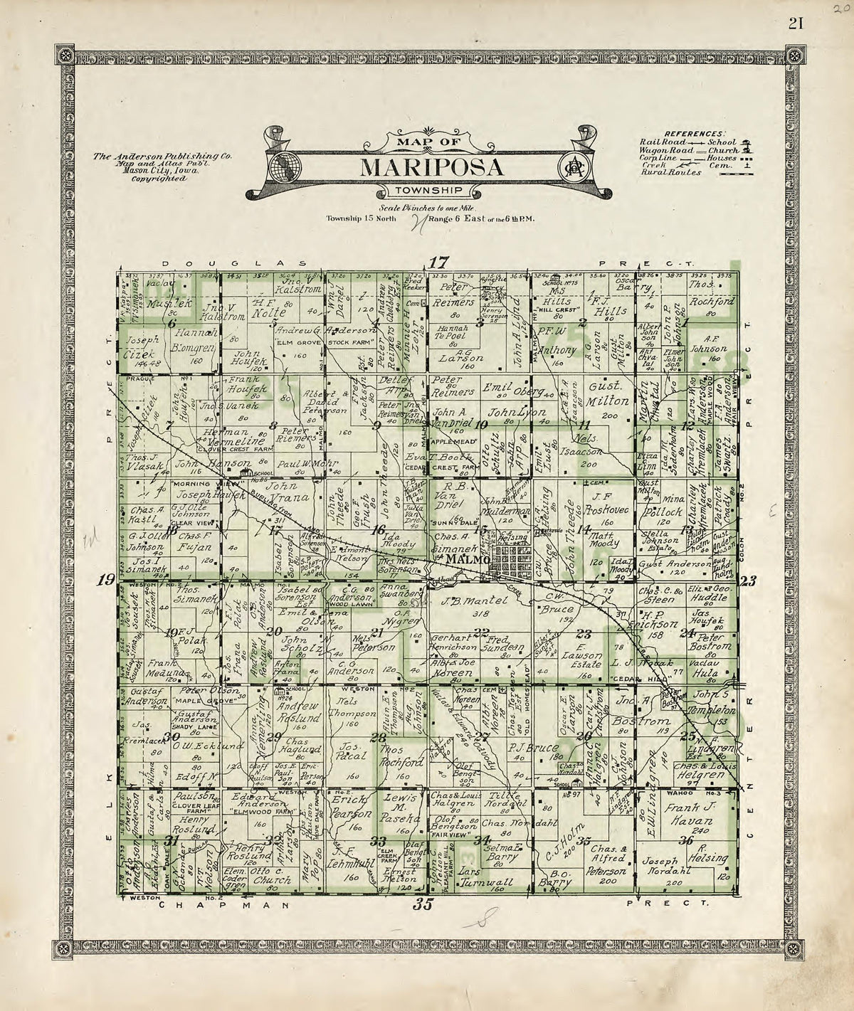 Map of Mariposa Township from Atlas of Saunders County, Nebraska : Containing Maps of Townships of the County, Maps of State, United States and World, Farmers Directory, Analysis of the System of U.S. Land Surveys 1916 by Relic Map Company