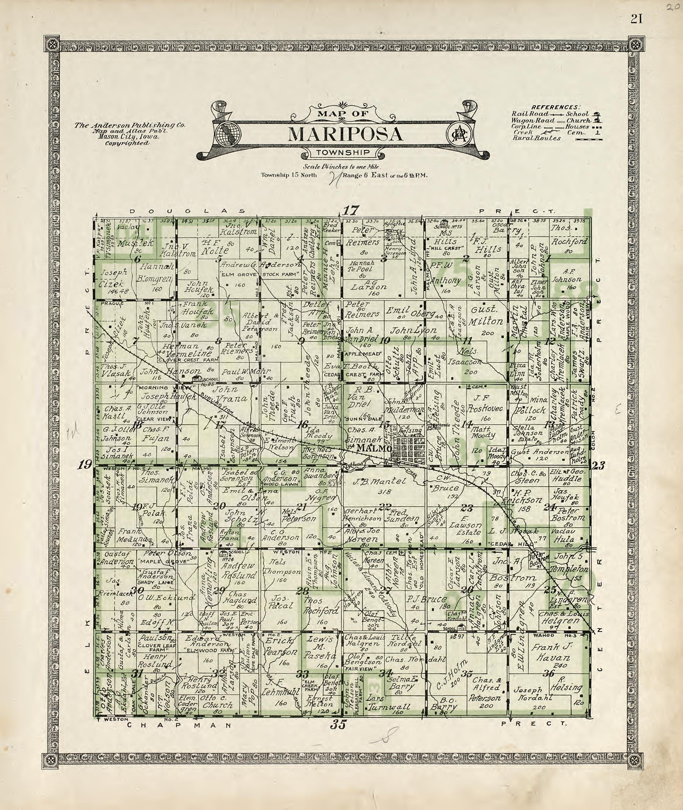 Map of Mariposa Township from Atlas of Saunders County, Nebraska : Containing Maps of Townships of the County, Maps of State, United States and World, Farmers Directory, Analysis of the System of U.S. Land Surveys 1916 by Relic Map Company