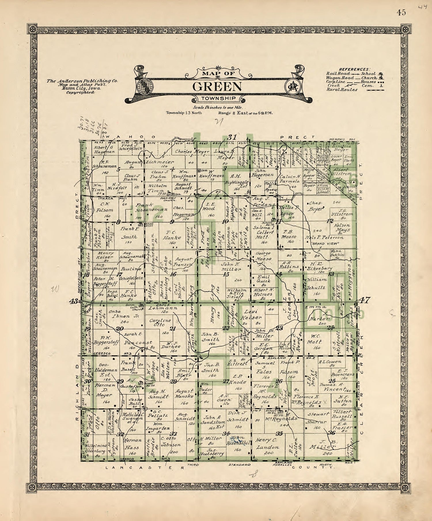 Map of Green Township from Atlas of Saunders County, Nebraska : Containing Maps of Townships of the County, Maps of State, United States and World, Farmers Directory, Analysis of the System of U.S. Land Surveys 1916 by Relic Map Company
