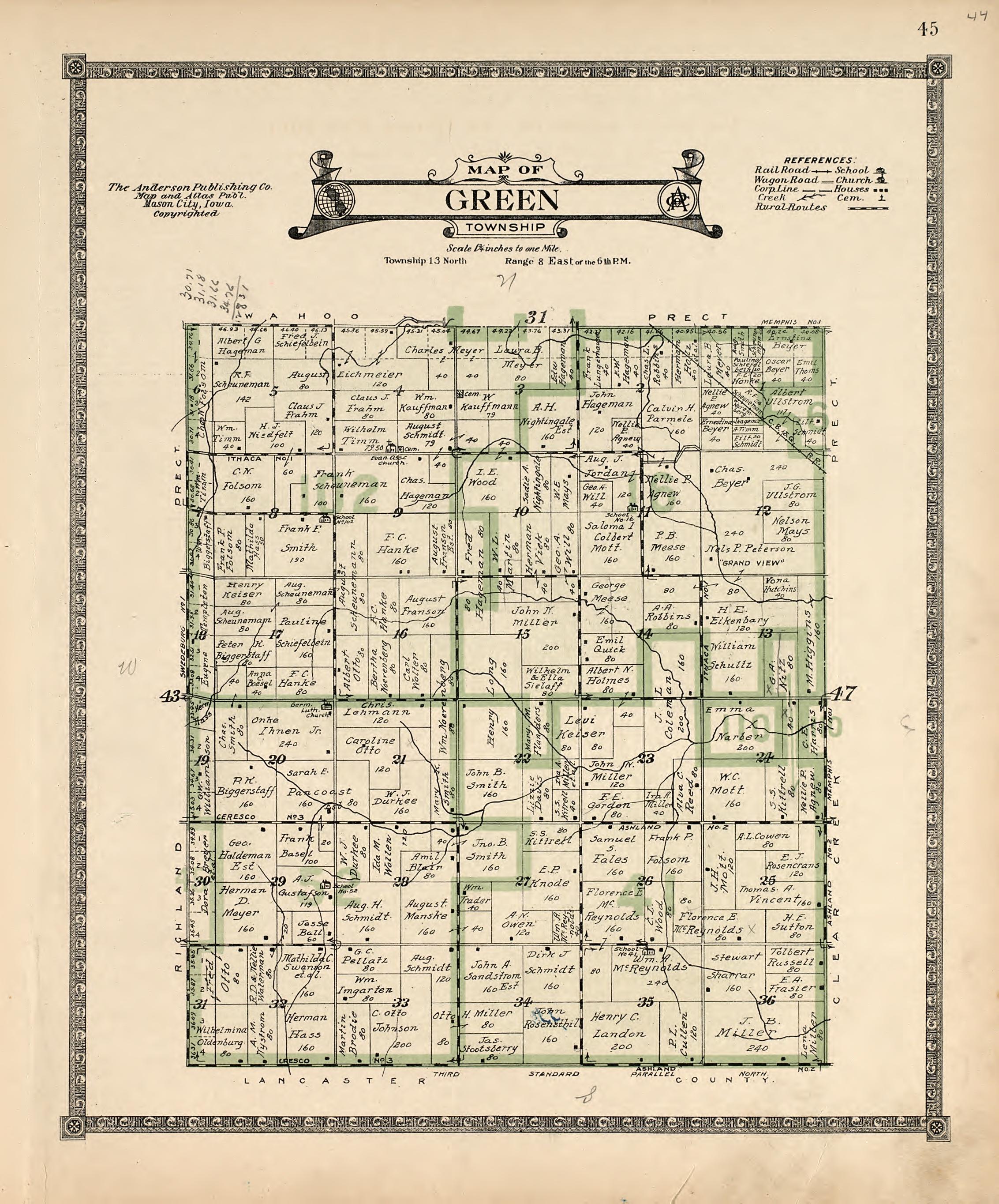 Map of Green Township from Atlas of Saunders County, Nebraska : Containing Maps of Townships of the County, Maps of State, United States and World, Farmers Directory, Analysis of the System of U.S. Land Surveys 1916 by Relic Map Company