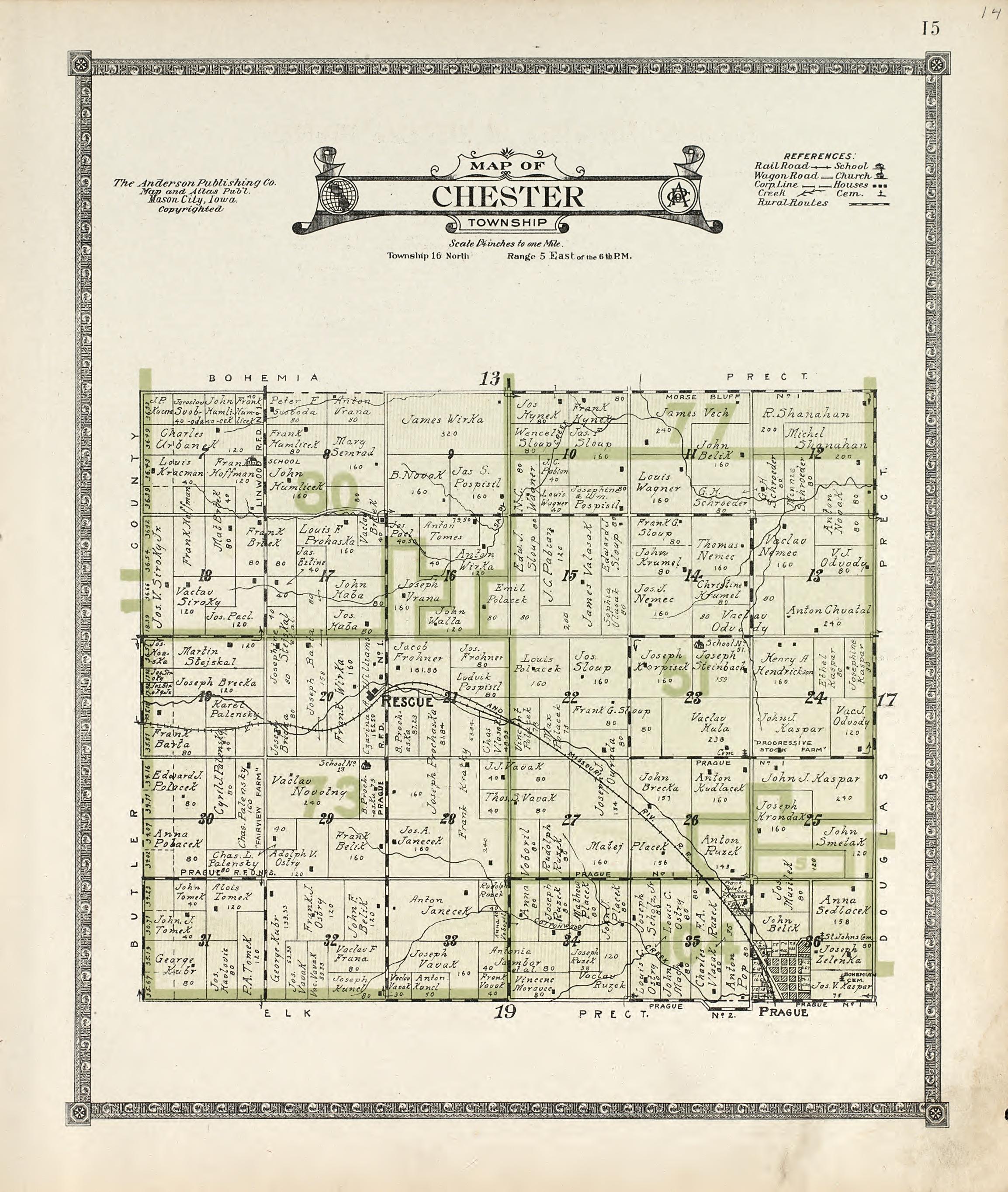 Map of Chester Township from Atlas of Saunders County, Nebraska : Containing Maps of Townships of the County, Maps of State, United States and World, Farmers Directory, Analysis of the System of U.S. Land Surveys 1916 by Relic Map Company