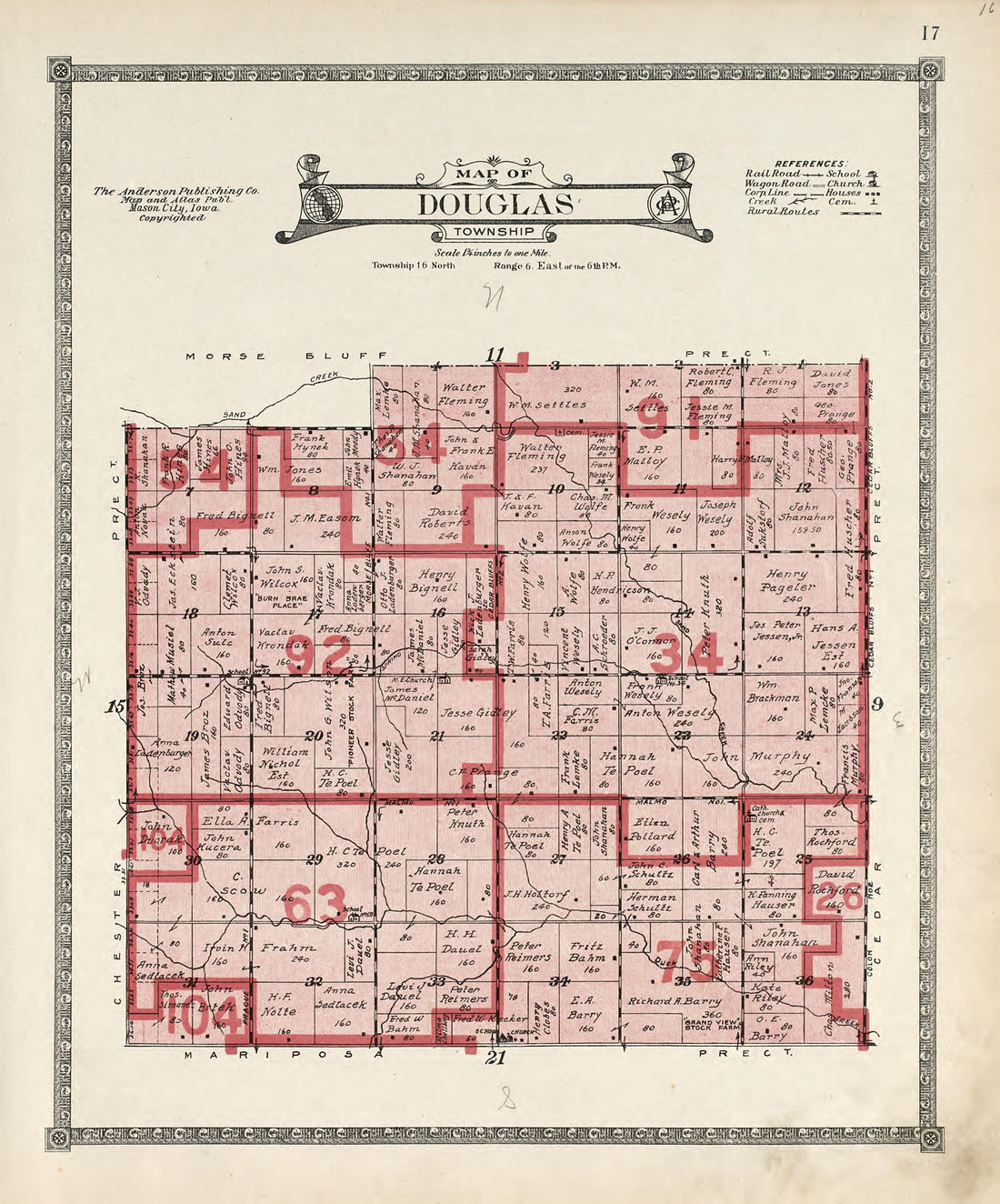 Map of Douglas Township from Atlas of Saunders County, Nebraska : Containing Maps of Townships of the County, Maps of State, United States and World, Farmers Directory, Analysis of the System of U.S. Land Surveys 1916 by Relic Map Company