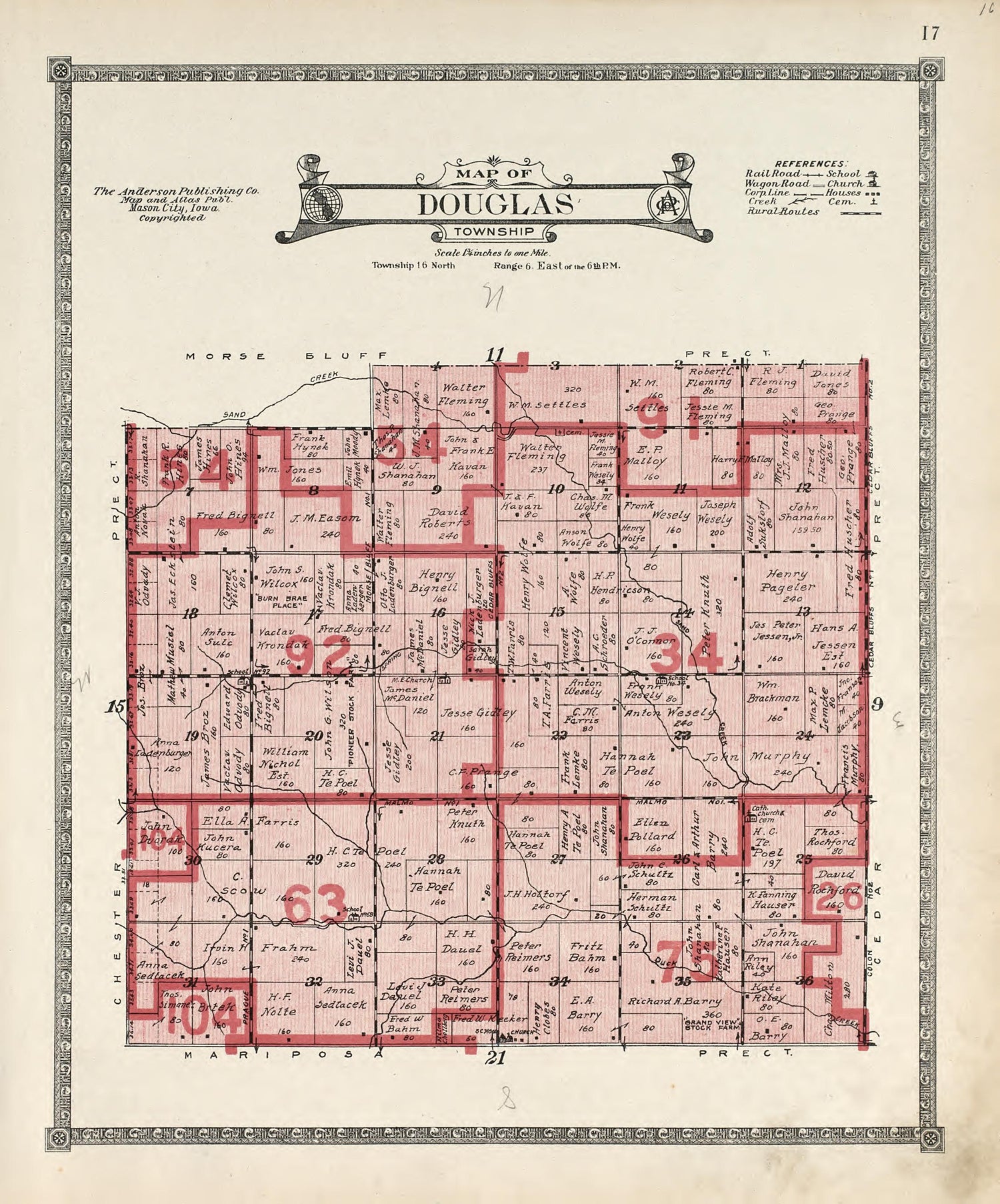Map of Douglas Township from Atlas of Saunders County, Nebraska : Containing Maps of Townships of the County, Maps of State, United States and World, Farmers Directory, Analysis of the System of U.S. Land Surveys 1916 by Relic Map Company