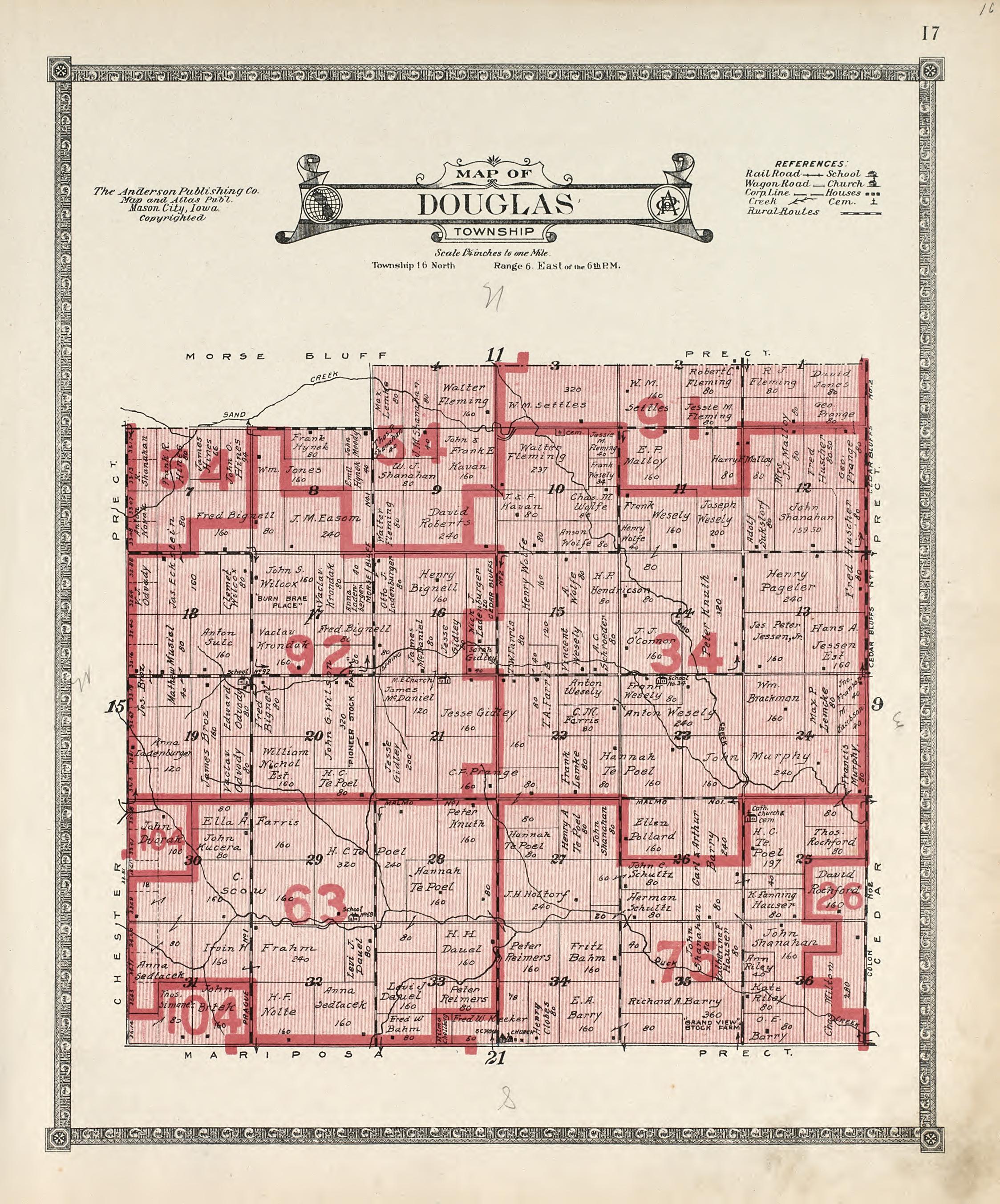 Map of Douglas Township from Atlas of Saunders County, Nebraska : Containing Maps of Townships of the County, Maps of State, United States and World, Farmers Directory, Analysis of the System of U.S. Land Surveys 1916 by Relic Map Company