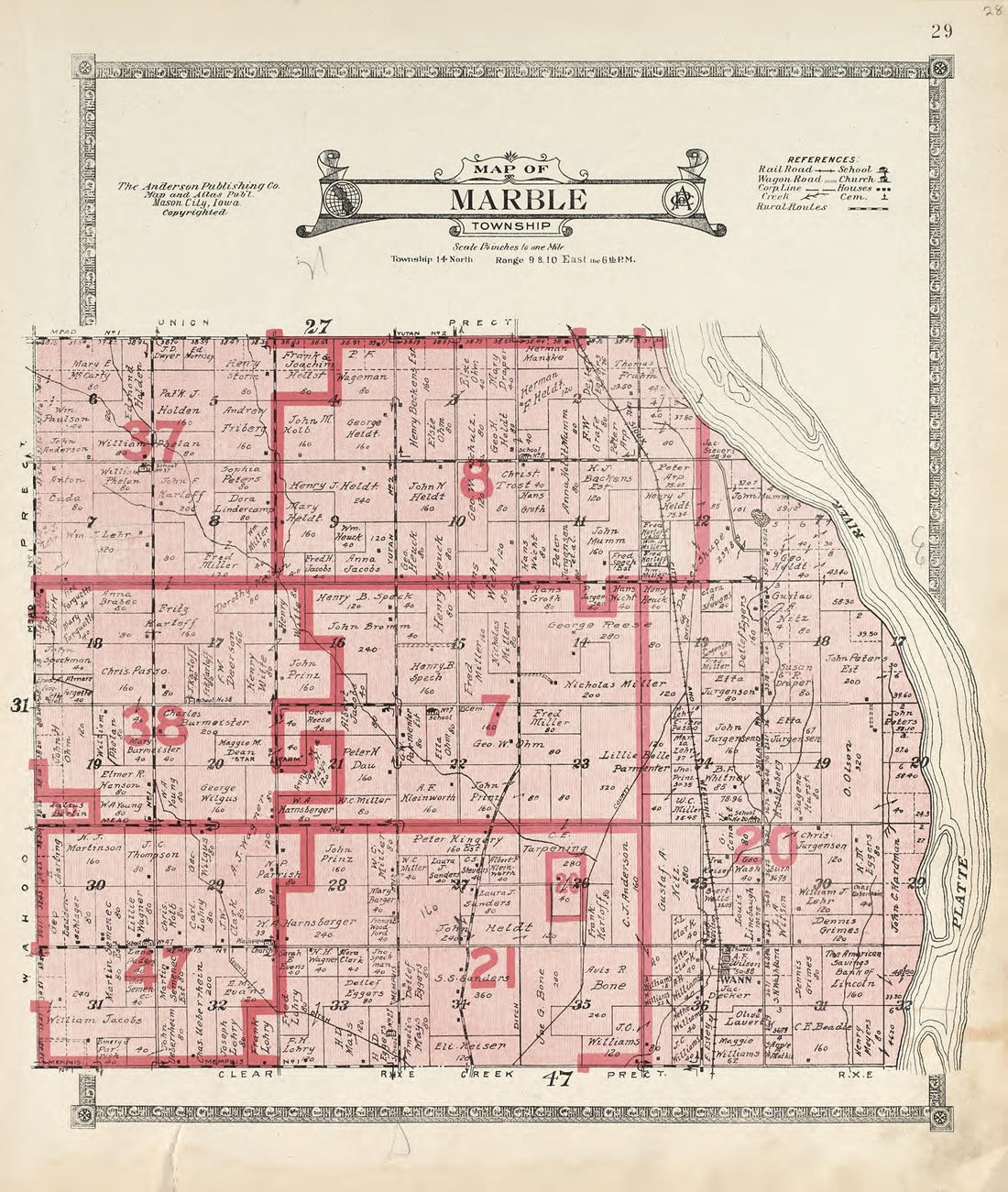 Map of Marble Township from Atlas of Saunders County, Nebraska : Containing Maps of Townships of the County, Maps of State, United States and World, Farmers Directory, Analysis of the System of U.S. Land Surveys 1916 by Relic Map Company