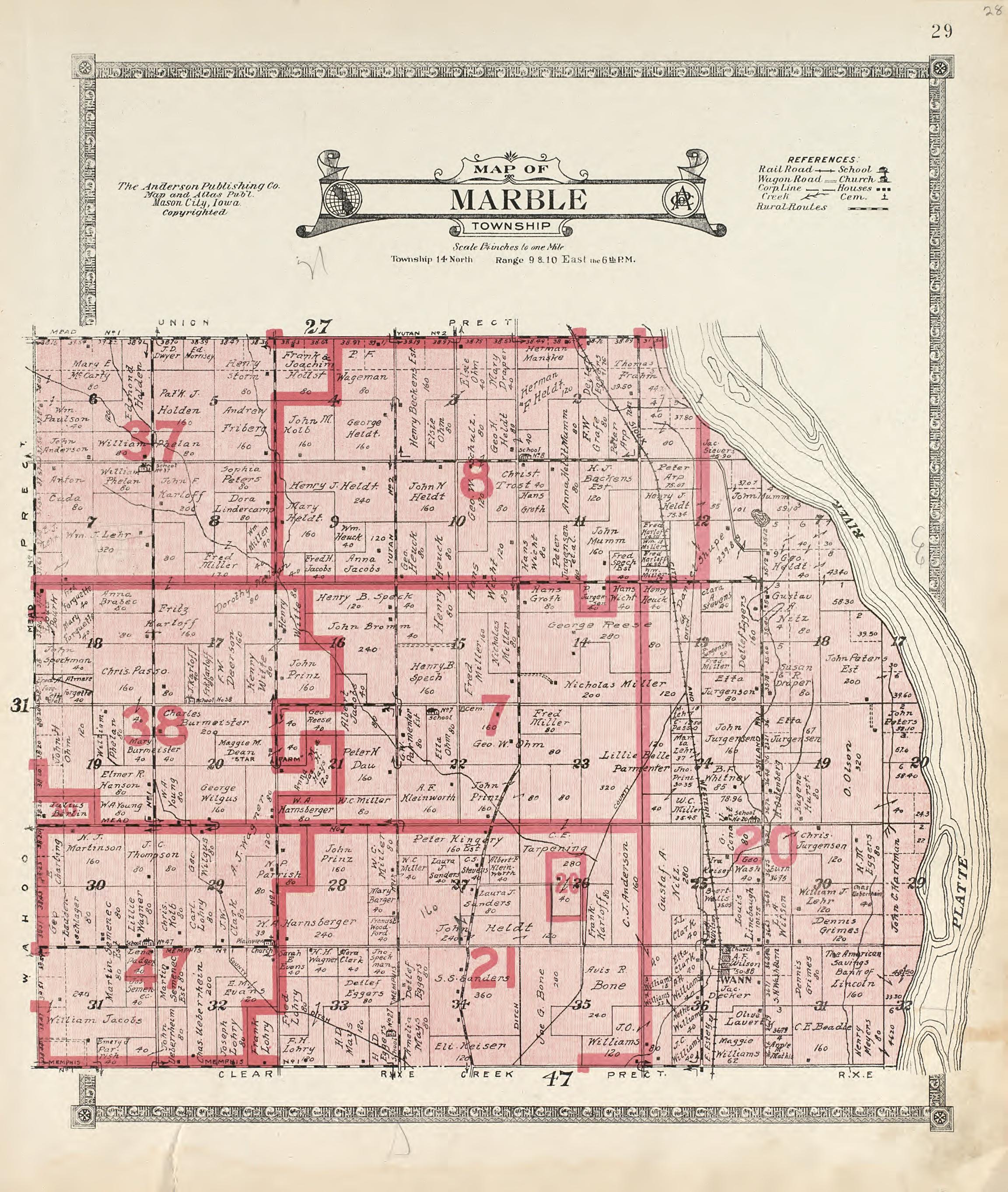 Map of Marble Township from Atlas of Saunders County, Nebraska : Containing Maps of Townships of the County, Maps of State, United States and World, Farmers Directory, Analysis of the System of U.S. Land Surveys 1916 by Relic Map Company