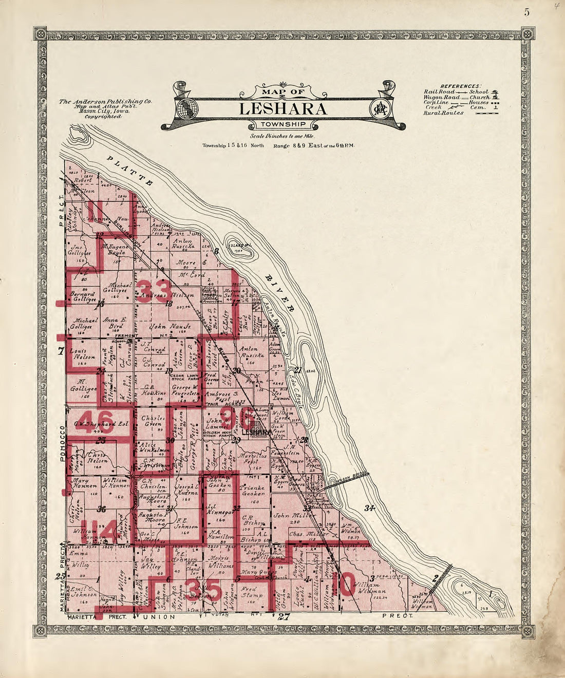 Map of Leshara Township from Atlas of Saunders County, Nebraska : Containing Maps of Townships of the County, Maps of State, United States and World, Farmers Directory, Analysis of the System of U.S. Land Surveys 1916 by Relic Map Company