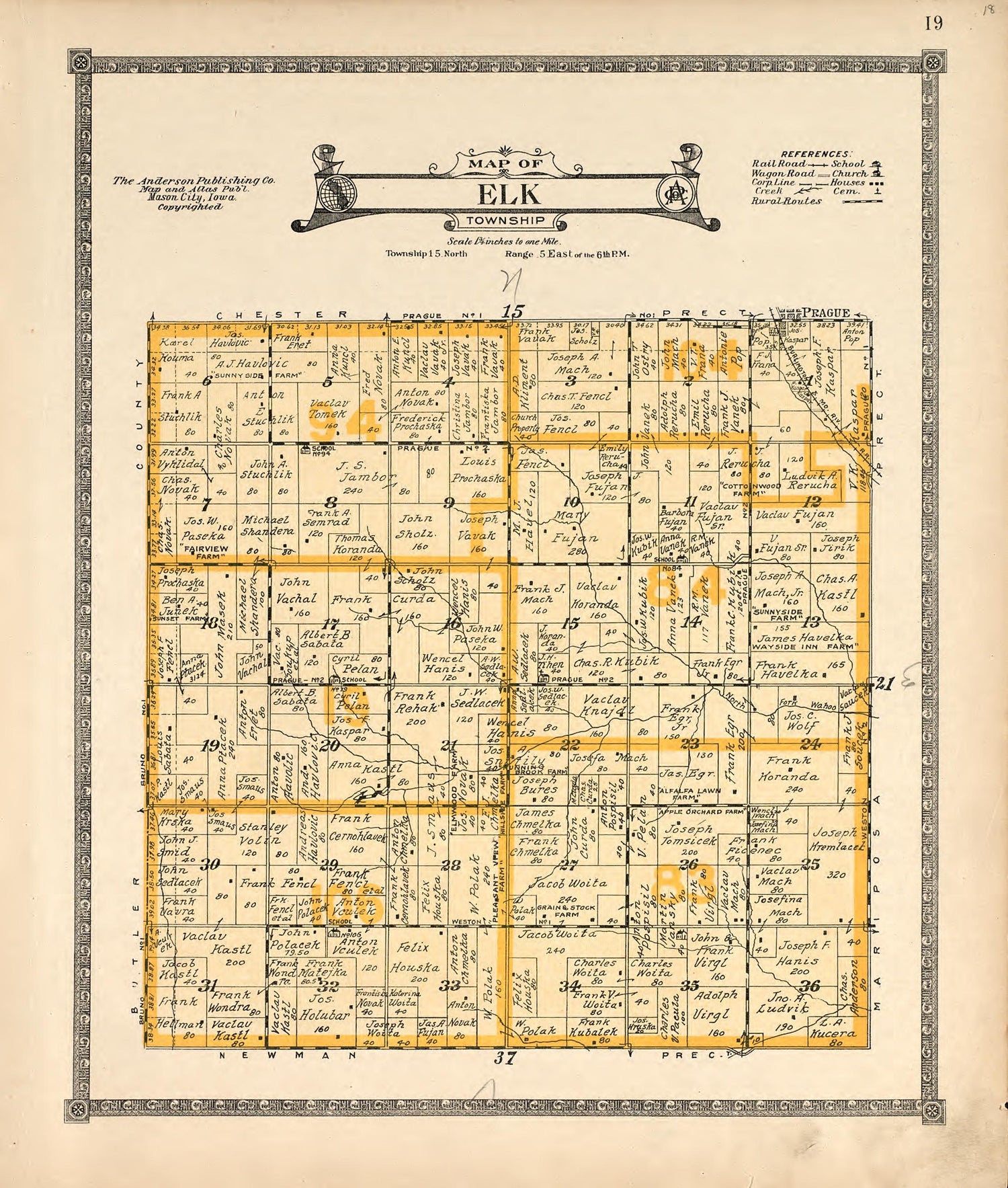 Map of Elk Township from Atlas of Saunders County, Nebraska : Containing Maps of Townships of the County, Maps of State, United States and World, Farmers Directory, Analysis of the System of U.S. Land Surveys 1916 by Relic Map Company