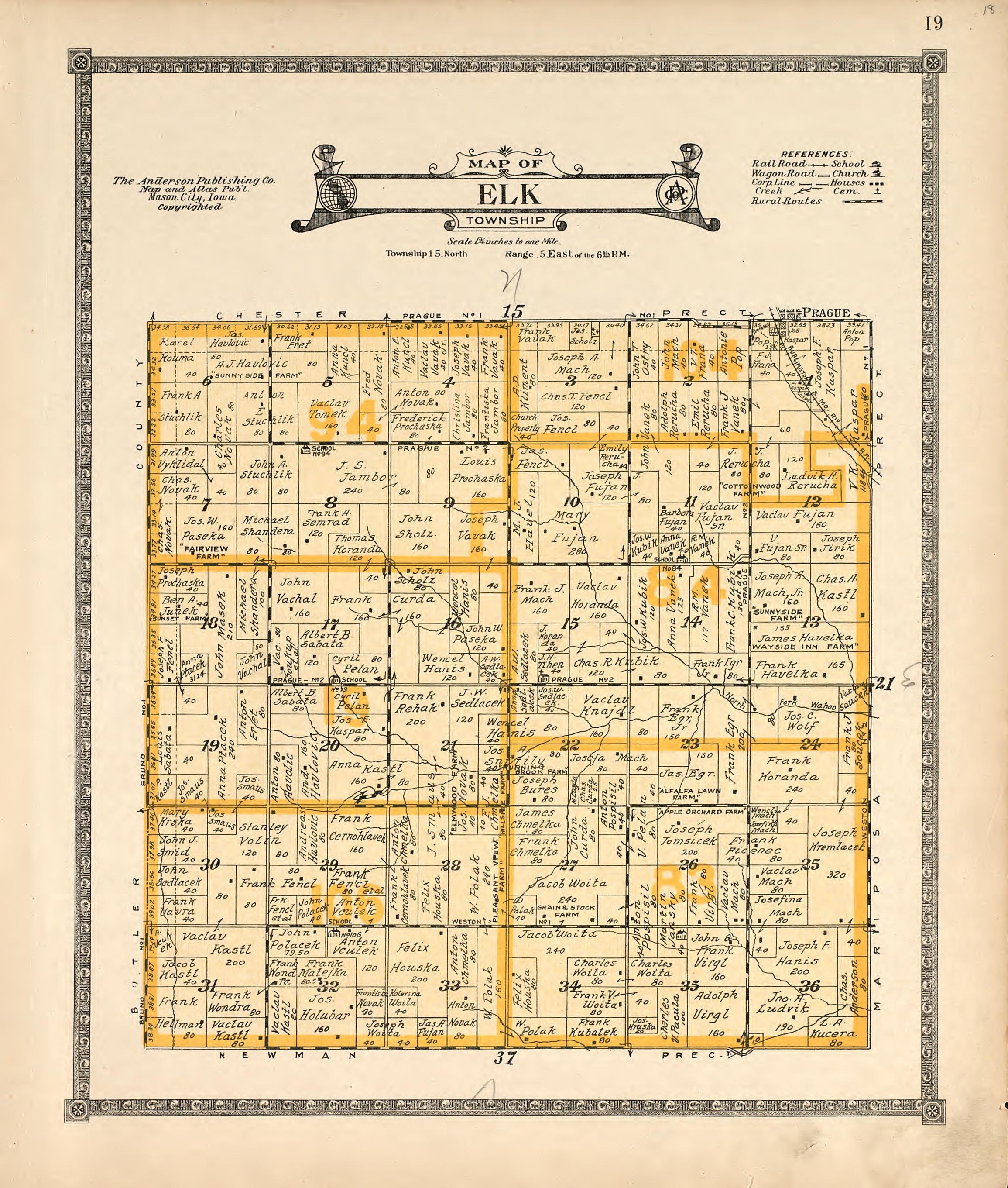 Map of Elk Township from Atlas of Saunders County, Nebraska : Containing Maps of Townships of the County, Maps of State, United States and World, Farmers Directory, Analysis of the System of U.S. Land Surveys 1916 by Relic Map Company