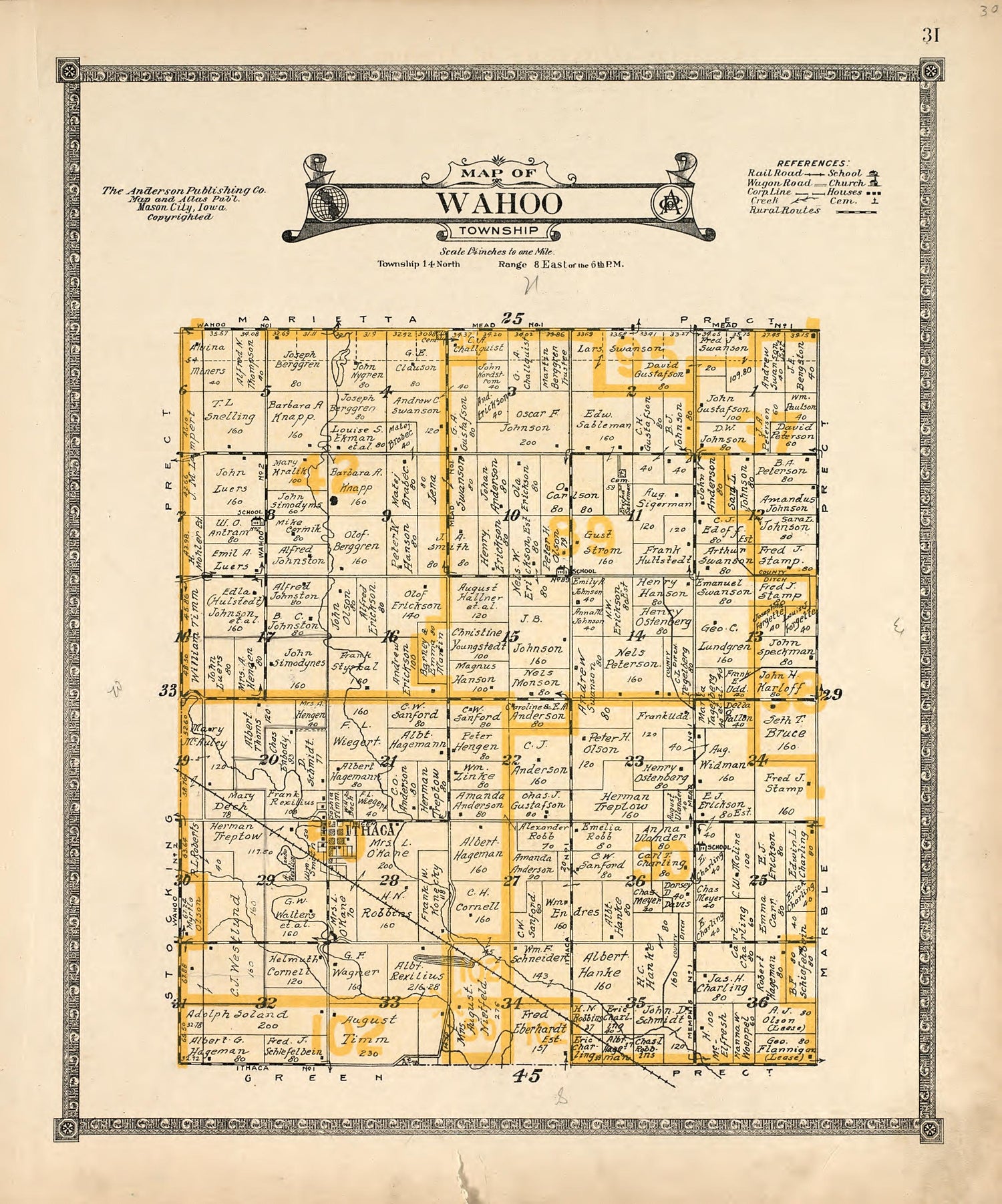 Map of Wahoo Township from Atlas of Saunders County, Nebraska : Containing Maps of Townships of the County, Maps of State, United States and World, Farmers Directory, Analysis of the System of U.S. Land Surveys 1916 by Relic Map Company