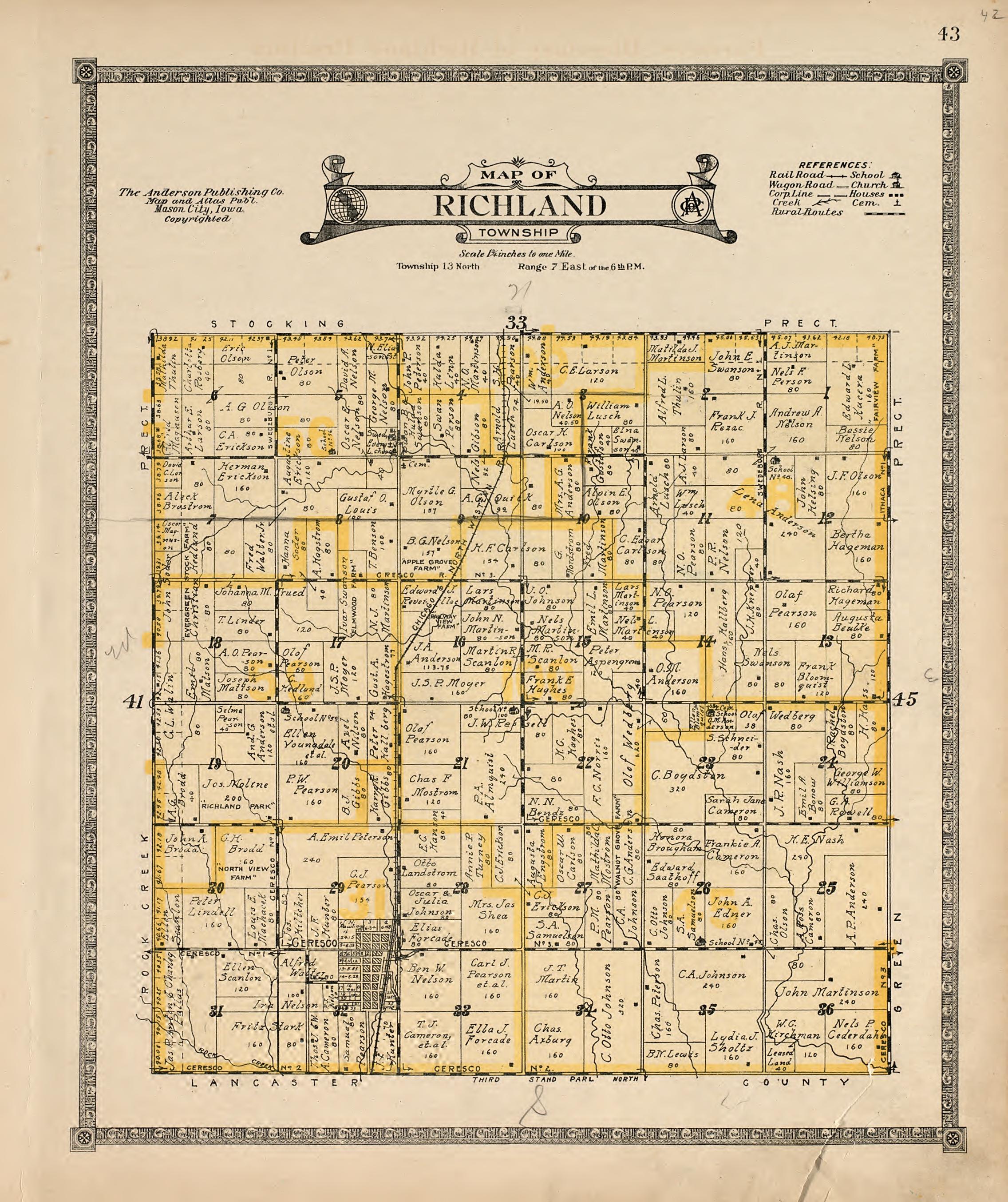 Map of Richland Township from Atlas of Saunders County, Nebraska : Containing Maps of Townships of the County, Maps of State, United States and World, Farmers Directory, Analysis of the System of U.S. Land Surveys 1916 by Relic Map Company