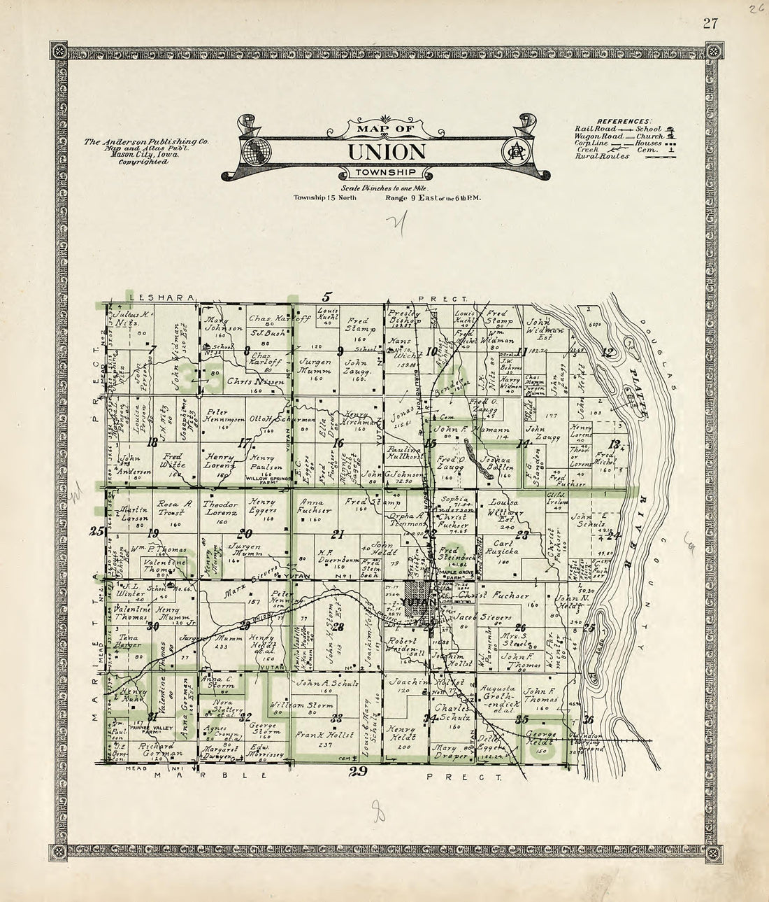 Map of Union Township from Atlas of Saunders County, Nebraska : Containing Maps of Townships of the County, Maps of State, United States and World, Farmers Directory, Analysis of the System of U.S. Land Surveys 1916 by Relic Map Company