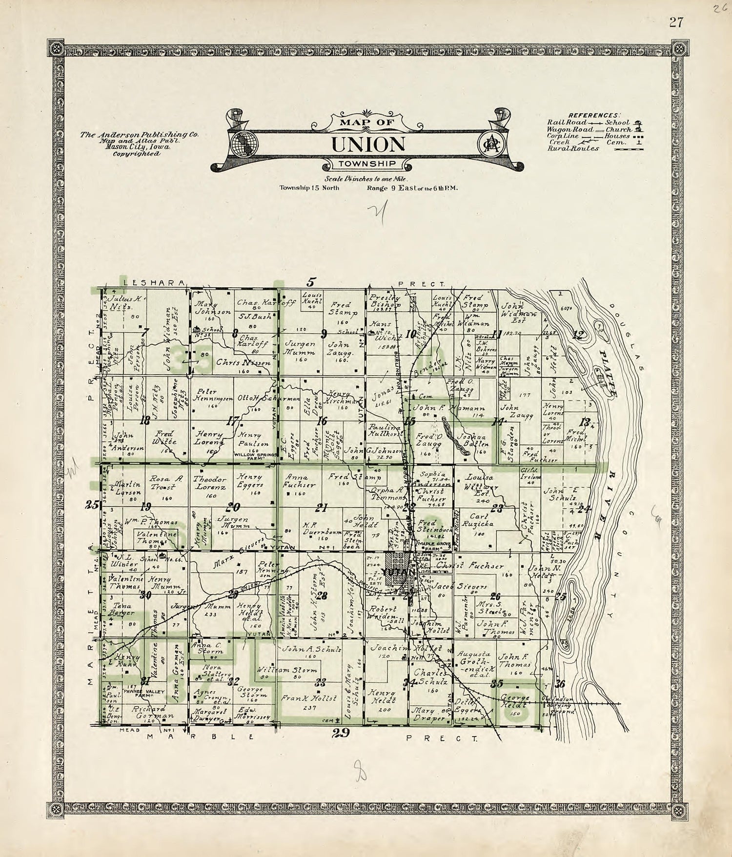 Map of Union Township from Atlas of Saunders County, Nebraska : Containing Maps of Townships of the County, Maps of State, United States and World, Farmers Directory, Analysis of the System of U.S. Land Surveys 1916 by Relic Map Company
