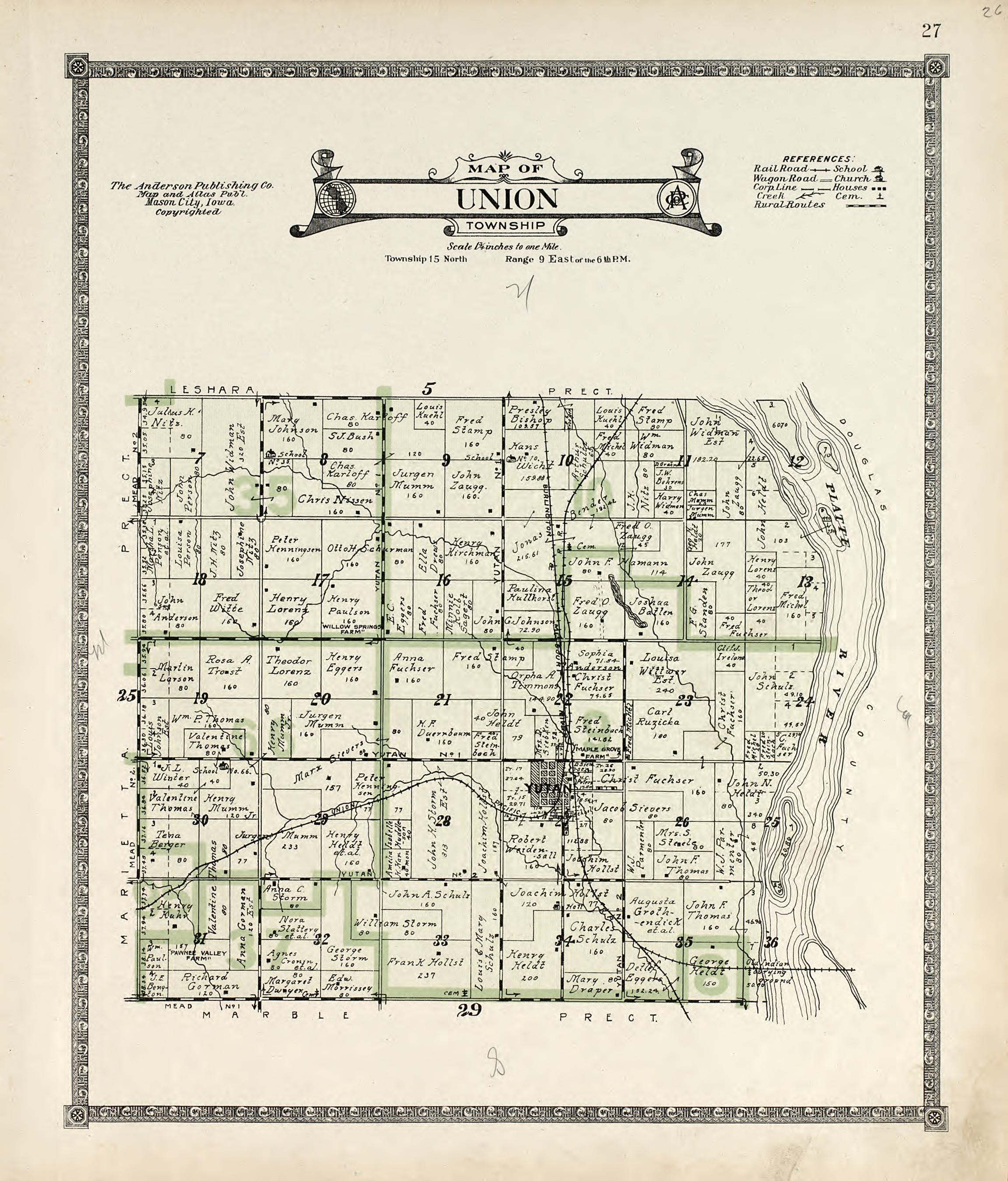 Map of Union Township from Atlas of Saunders County, Nebraska : Containing Maps of Townships of the County, Maps of State, United States and World, Farmers Directory, Analysis of the System of U.S. Land Surveys 1916 by Relic Map Company