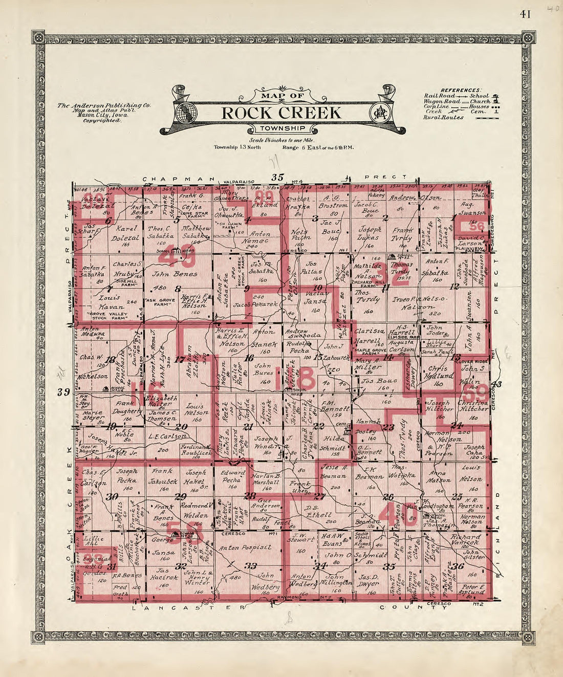 Map of Rock Creek Township from Atlas of Saunders County, Nebraska : Containing Maps of Townships of the County, Maps of State, United States and World, Farmers Directory, Analysis of the System of U.S. Land Surveys 1916 by Relic Map Company