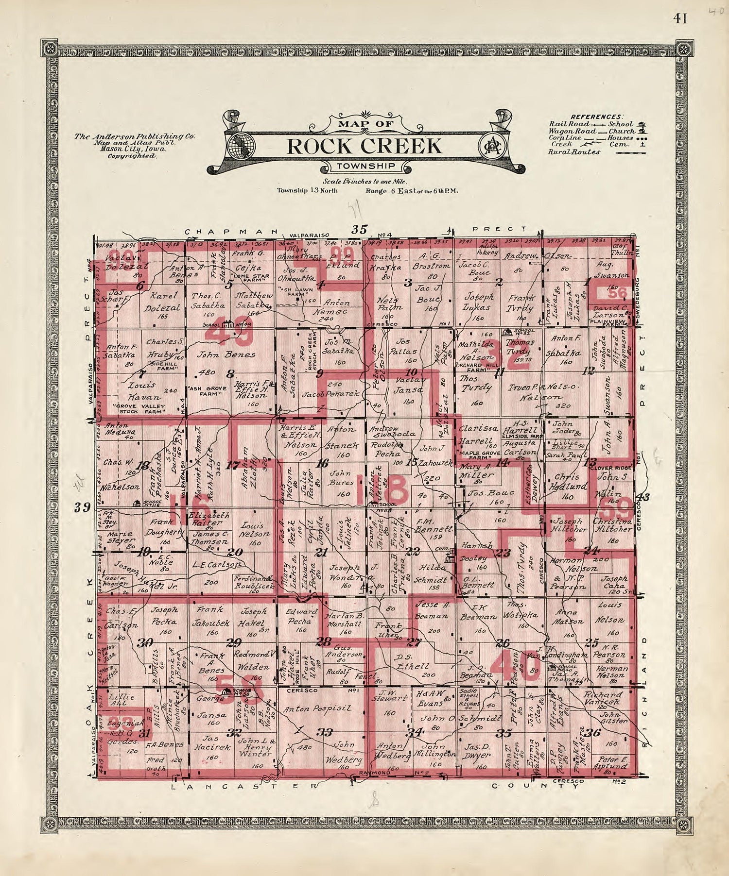 Map of Rock Creek Township from Atlas of Saunders County, Nebraska : Containing Maps of Townships of the County, Maps of State, United States and World, Farmers Directory, Analysis of the System of U.S. Land Surveys 1916 by Relic Map Company