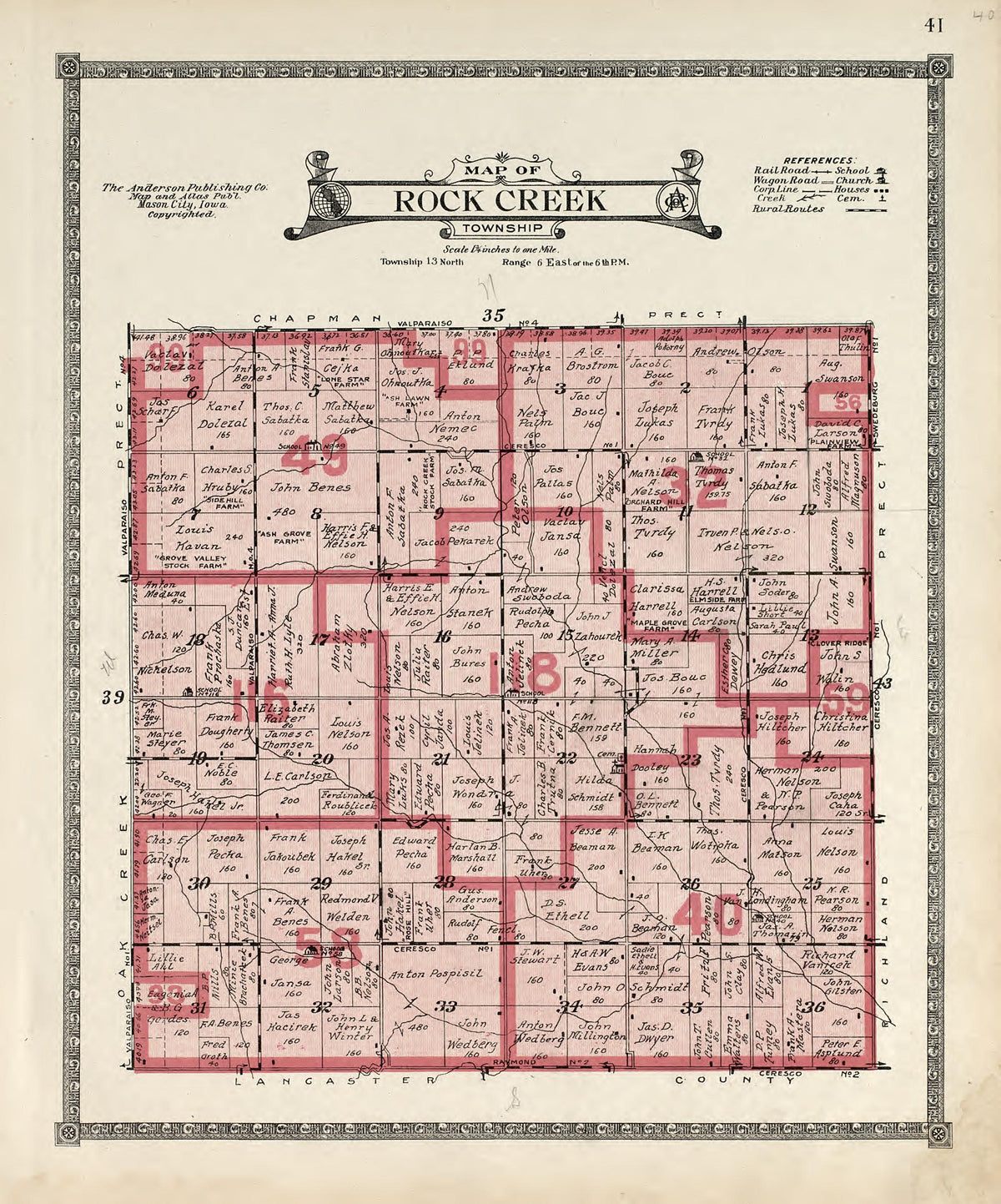 Map of Rock Creek Township from Atlas of Saunders County, Nebraska : Containing Maps of Townships of the County, Maps of State, United States and World, Farmers Directory, Analysis of the System of U.S. Land Surveys 1916 by Relic Map Company