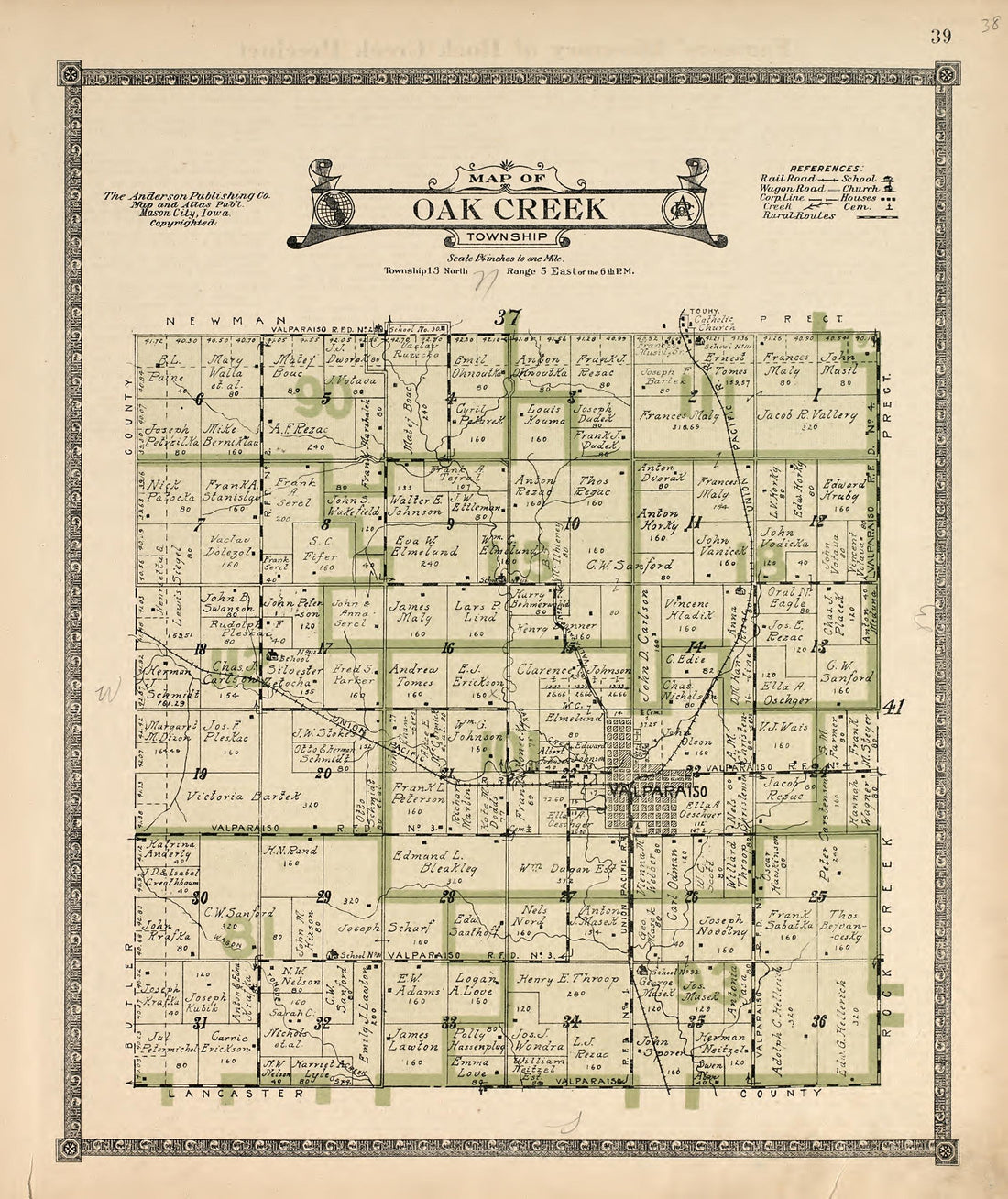 Map of Oak Creek Township from Atlas of Saunders County, Nebraska : Containing Maps of Townships of the County, Maps of State, United States and World, Farmers Directory, Analysis of the System of U.S. Land Surveys 1916 by Relic Map Company