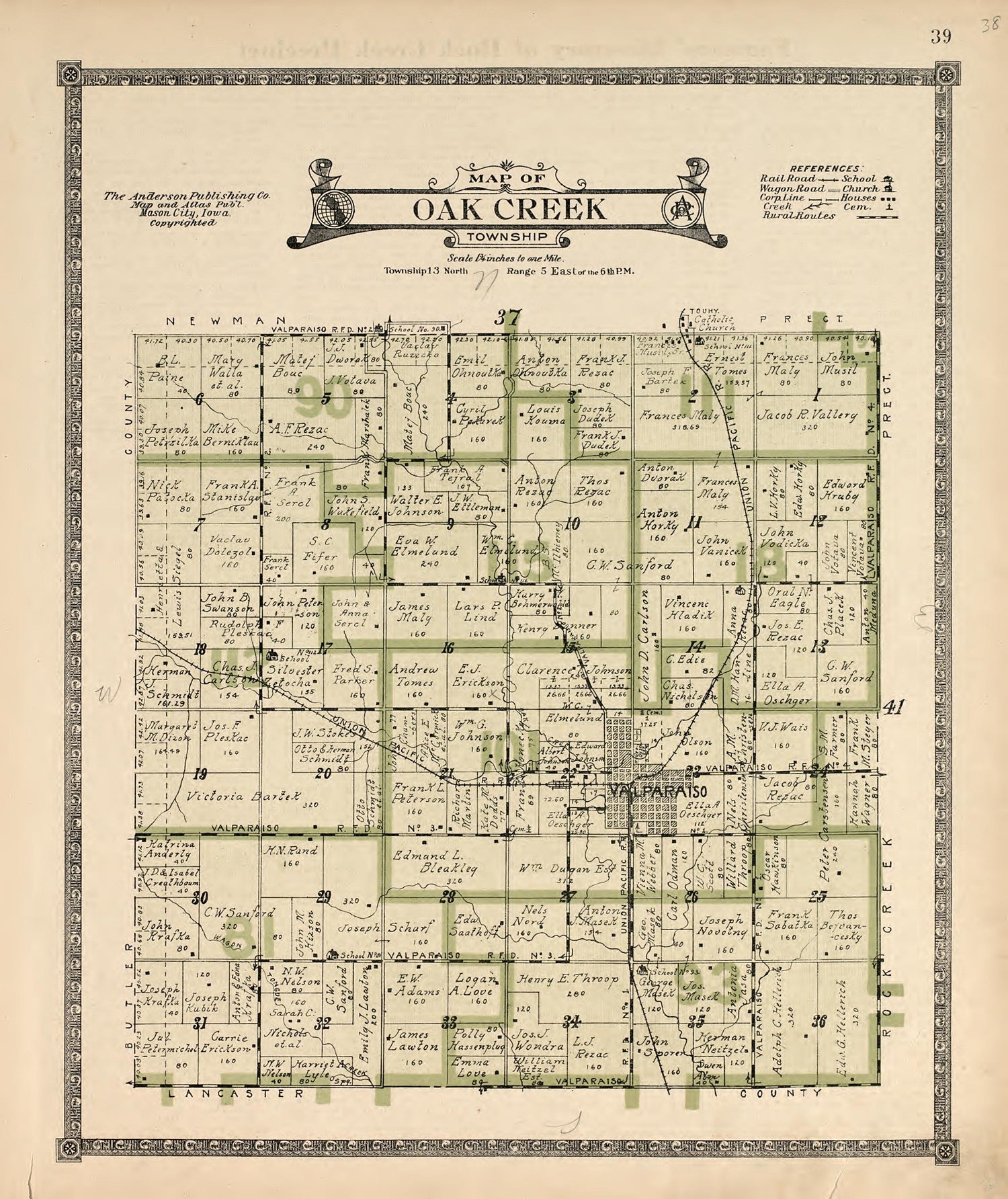 Map of Oak Creek Township from Atlas of Saunders County, Nebraska : Containing Maps of Townships of the County, Maps of State, United States and World, Farmers Directory, Analysis of the System of U.S. Land Surveys 1916 by Relic Map Company