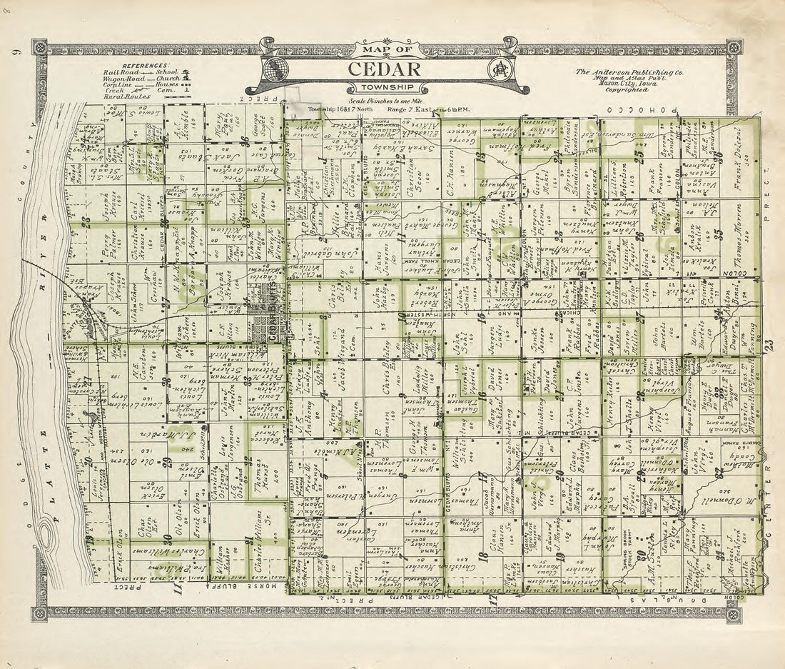 Map of Cedar Township from Atlas of Saunders County, Nebraska : Containing Maps of Townships of the County, Maps of State, United States and World, Farmers Directory, Analysis of the System of U.S. Land Surveys 1916 by Relic Map Company