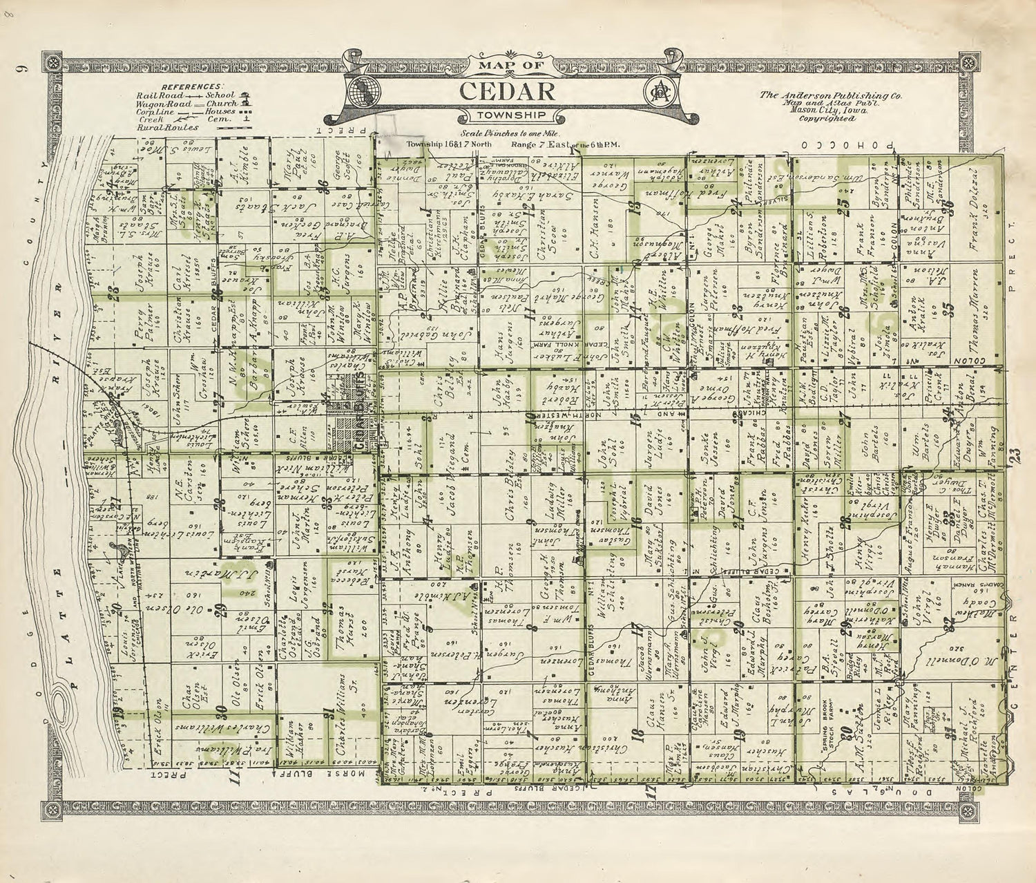 Map of Cedar Township from Atlas of Saunders County, Nebraska : Containing Maps of Townships of the County, Maps of State, United States and World, Farmers Directory, Analysis of the System of U.S. Land Surveys 1916 by Relic Map Company