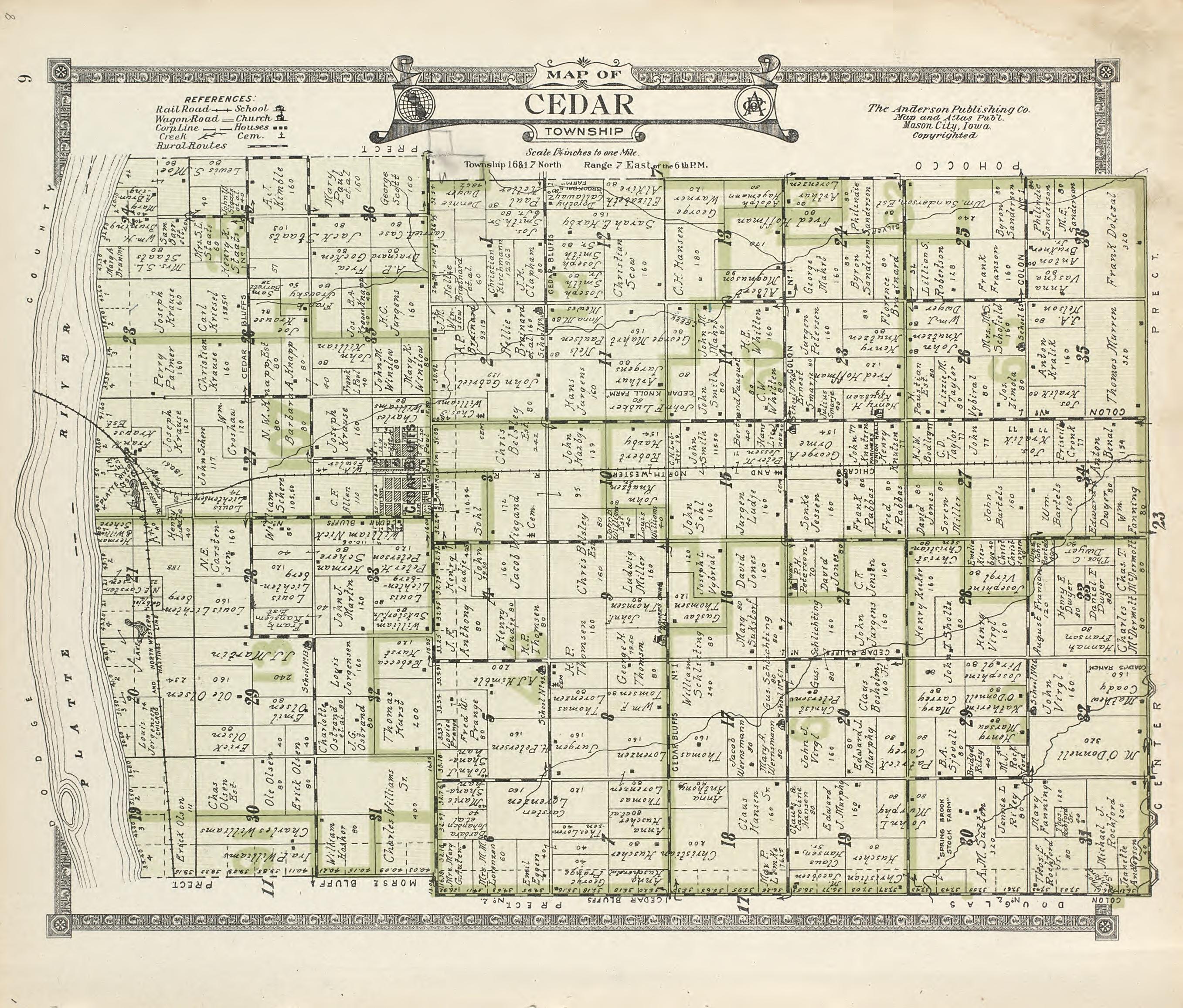 Map of Cedar Township from Atlas of Saunders County, Nebraska : Containing Maps of Townships of the County, Maps of State, United States and World, Farmers Directory, Analysis of the System of U.S. Land Surveys 1916 by Relic Map Company